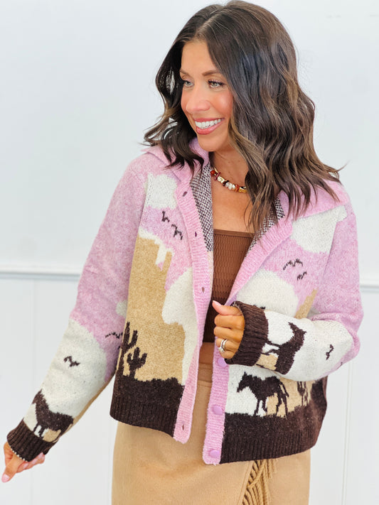 Pink/Taupe Horse Sweater Knit Button Up Cardigan (Reg.)