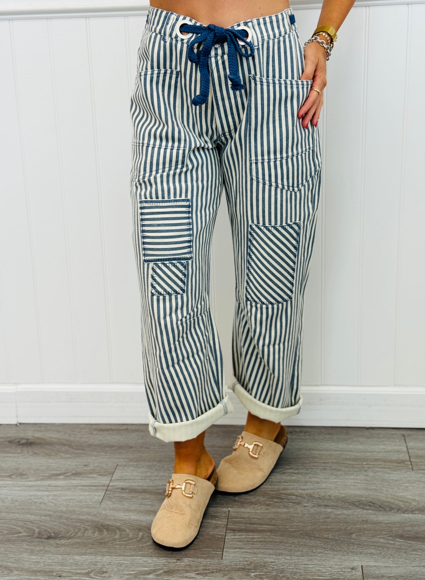 Navy Striped Twill Barrel Pants (Reg & Plus)