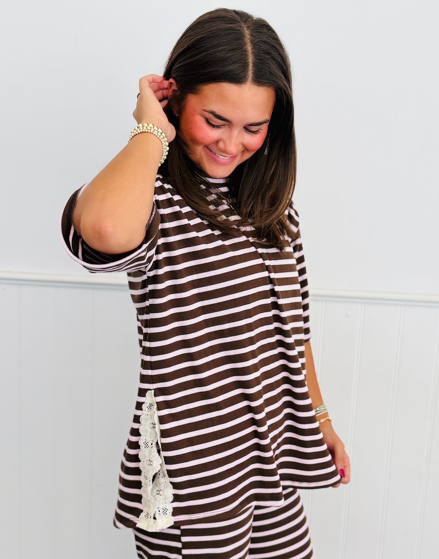 Striped Lace Side Slit Top (Reg. and Plus) - 6 Colors