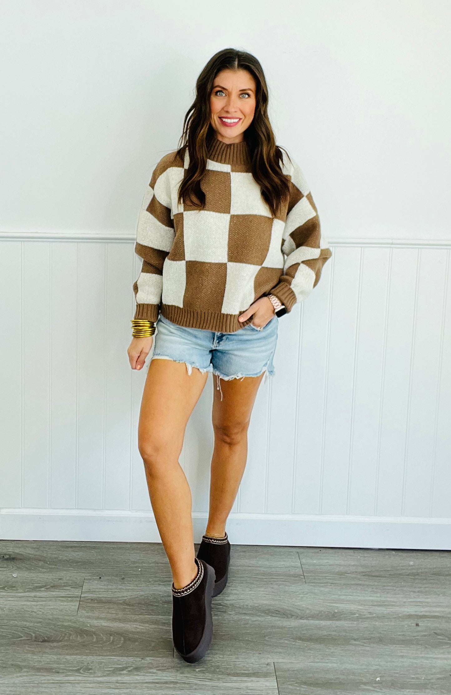 Checkered Crew Neck Knit Sweater Top (Reg.) - 2 Colors