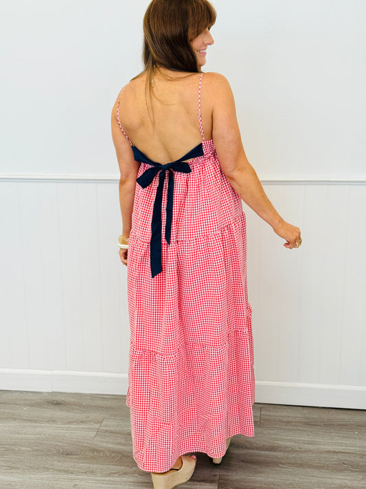 Red/Navy Bow Tie Gingham Tiered Maxi Dress (Reg.)