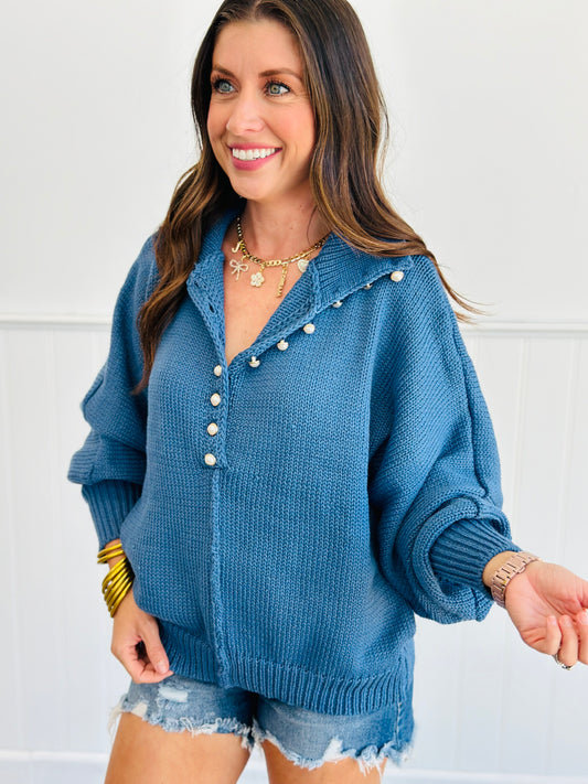 POL Blue Pearl Buttons Sweater Top (Reg)