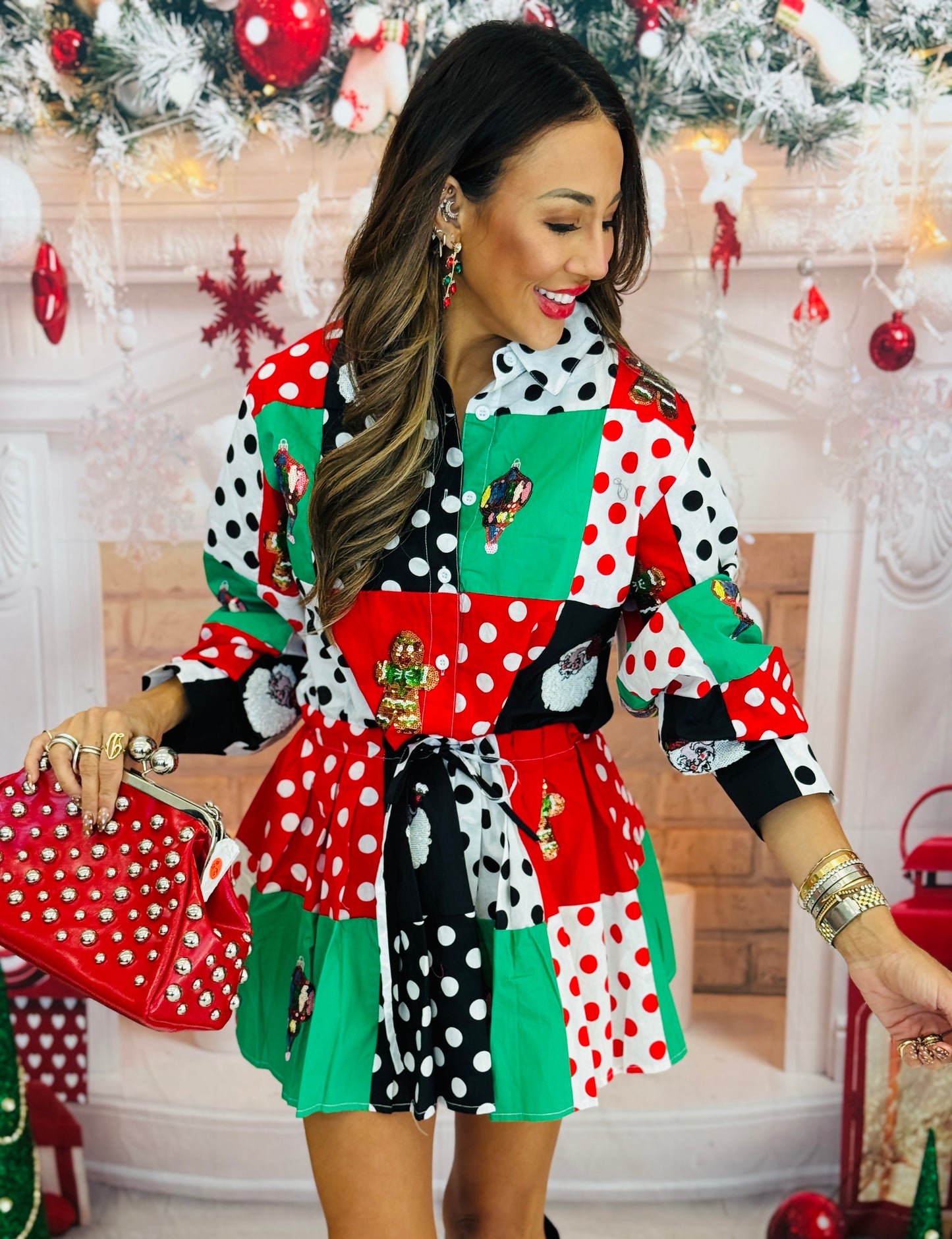 Queen Of Sparkles Colorblock Polka Dot Christmas Icon Mini Dress (Reg. & Plus)