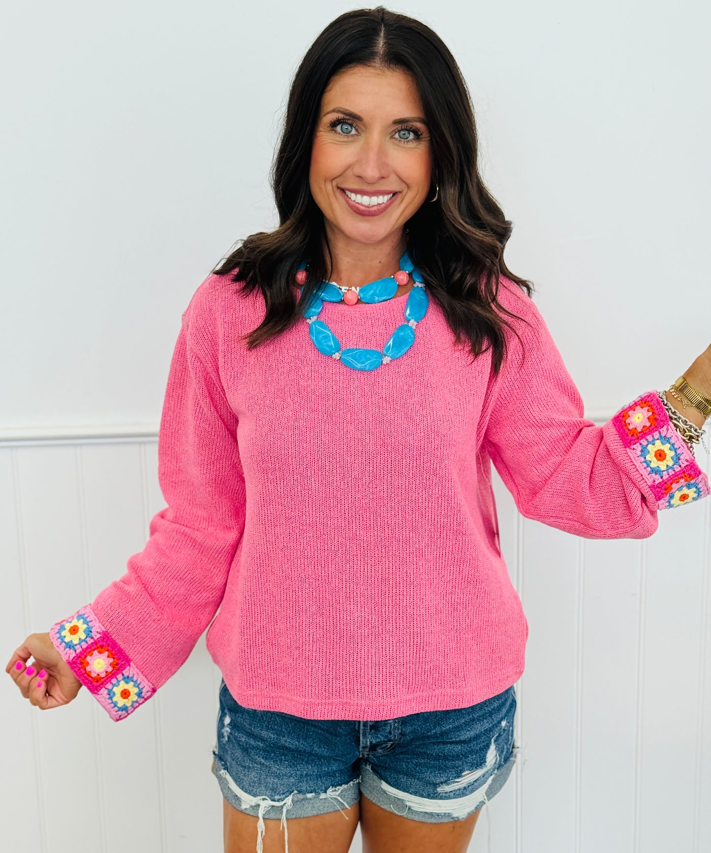 Pink Boho Bloom Knit Top (Reg & Plus)