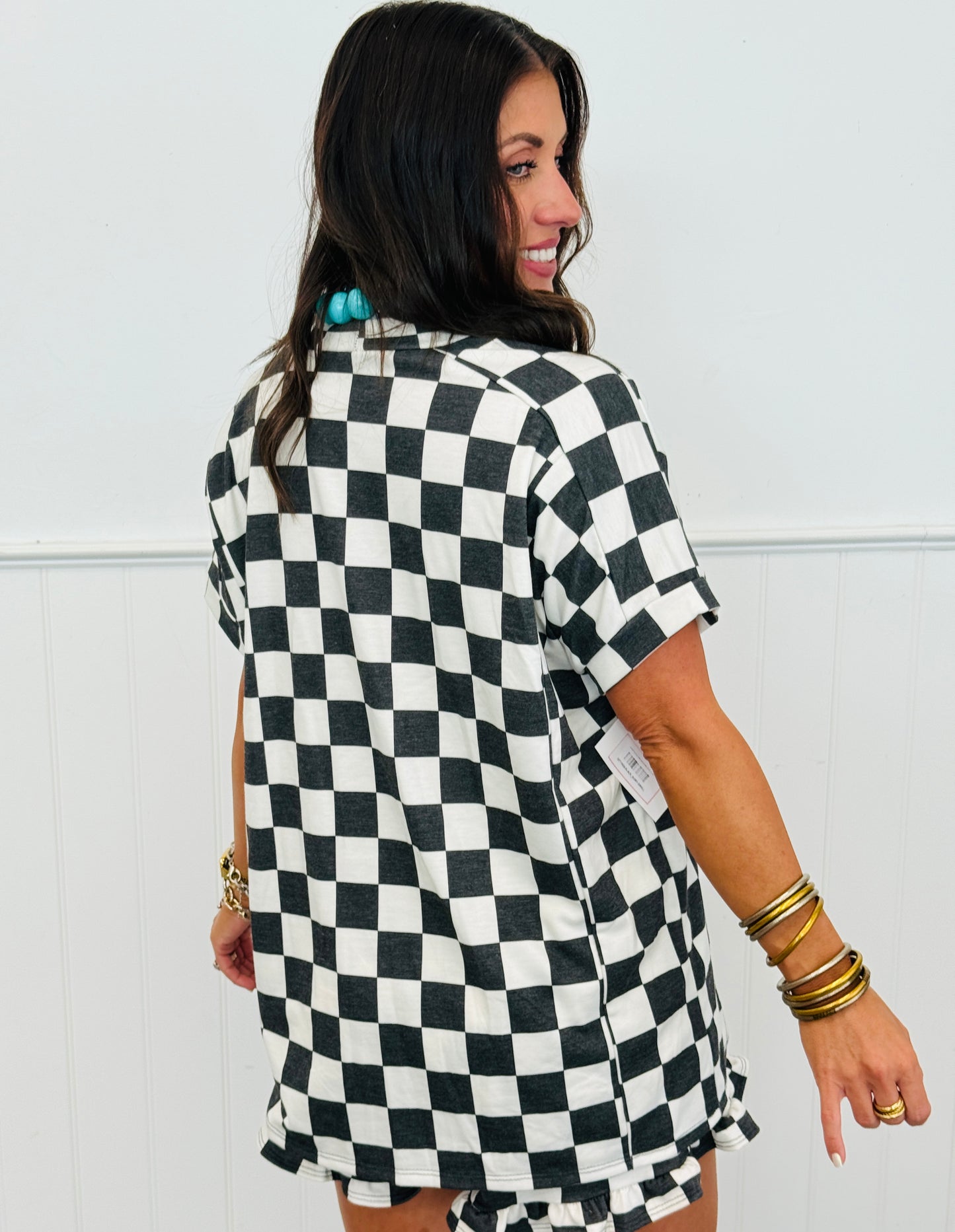 Checkered Print Top & Ruffle Shorts Set (Reg. & Plus) - 4 Colors