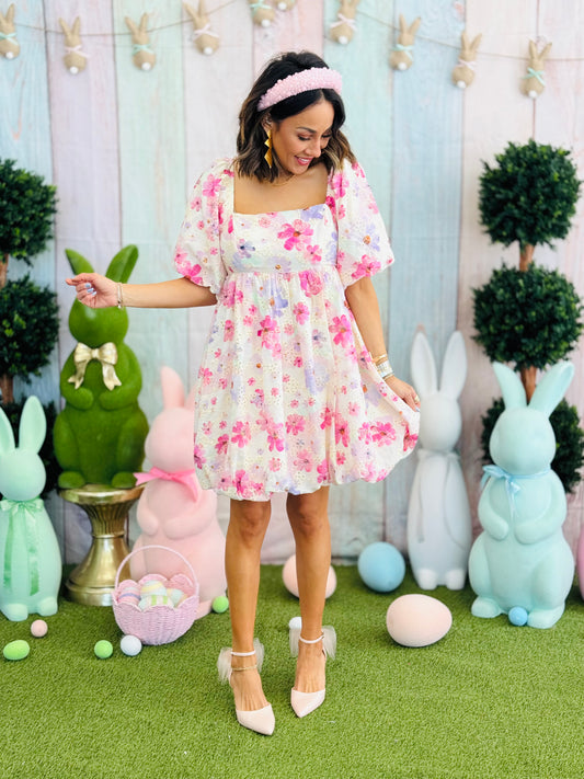 Bubble Hem Floral Mini Babydoll Dress (Reg.)