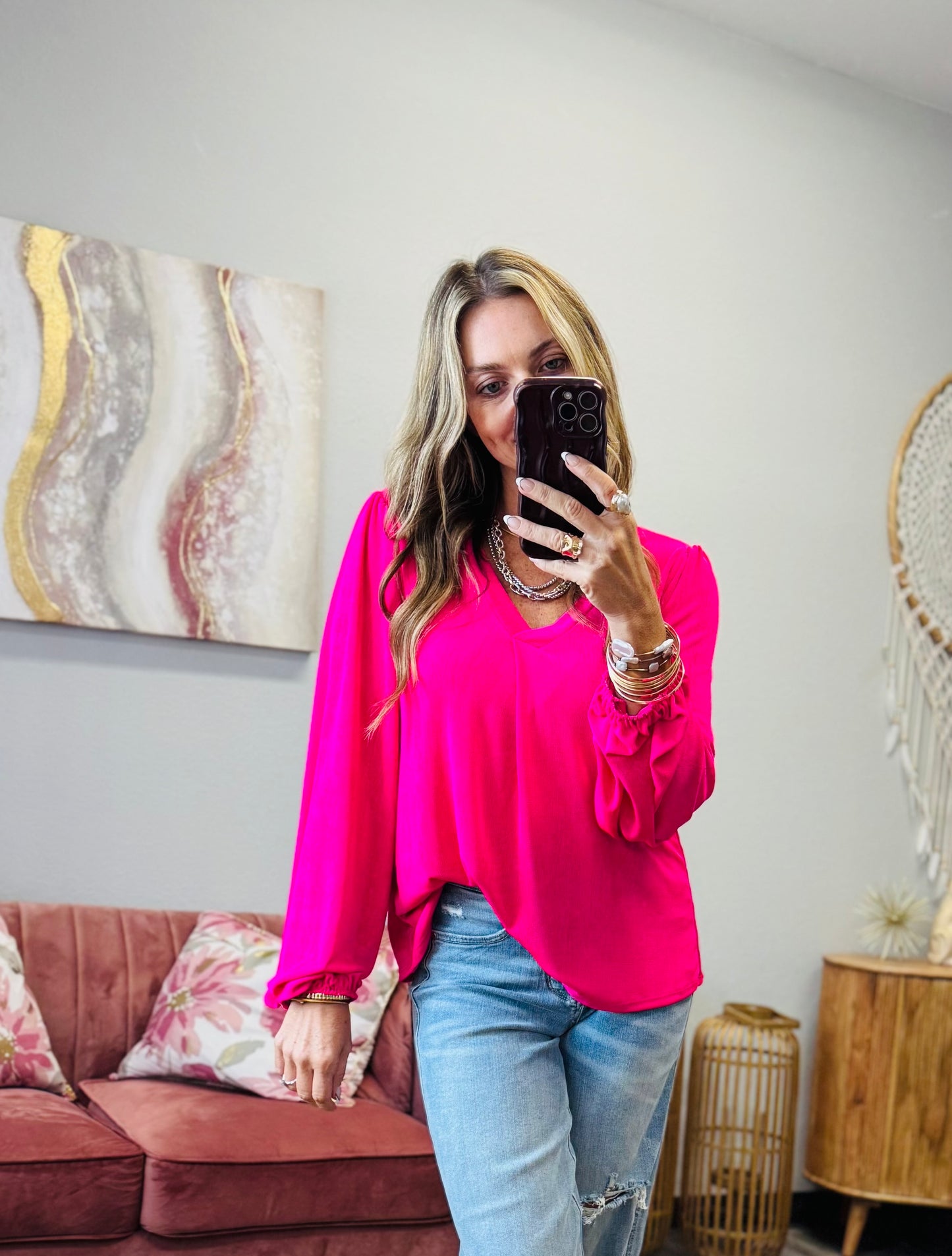 Pink Casual V-neck Long Sleeve Top (Reg. and Plus)