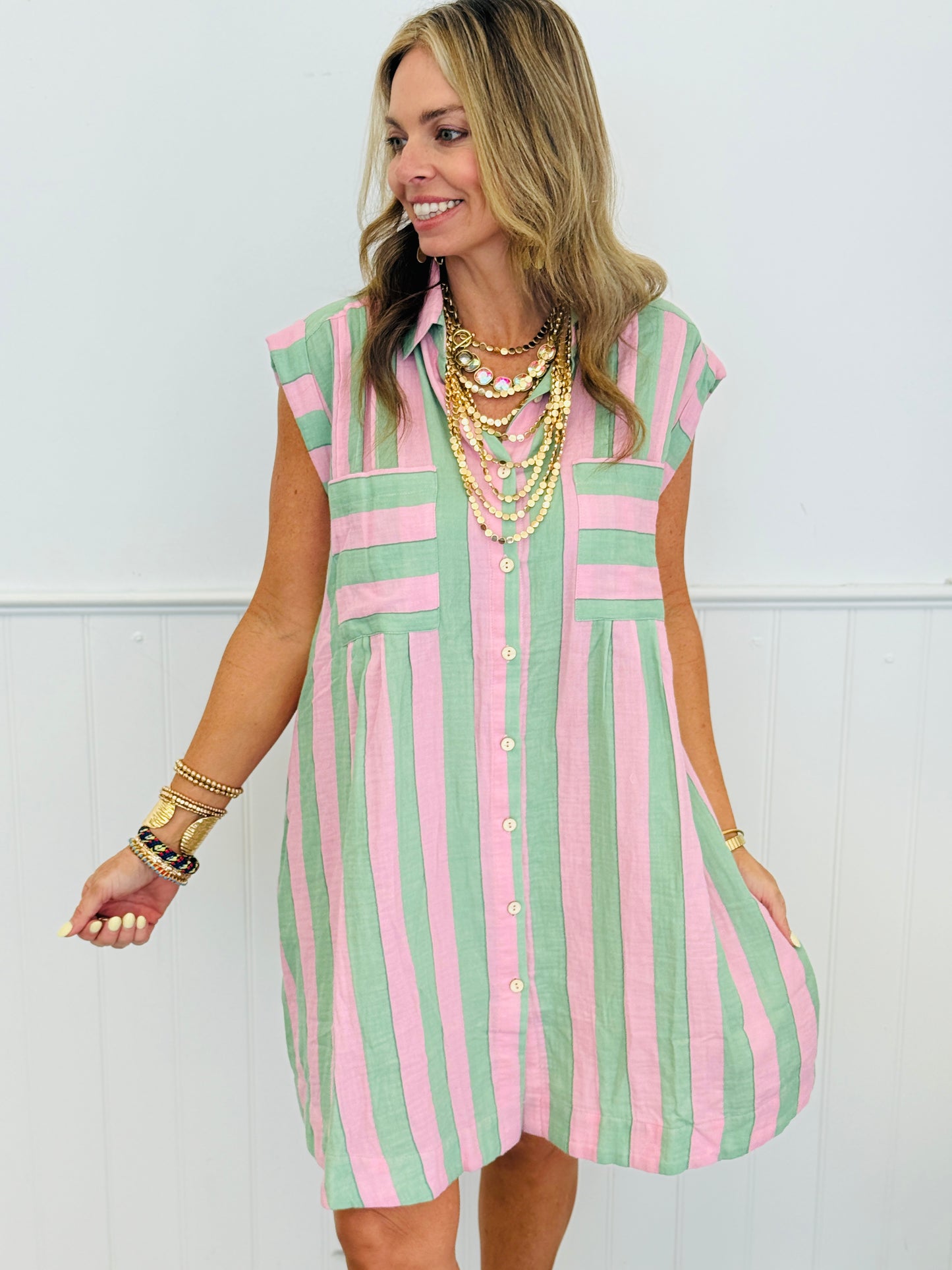 Strawberry Mint Striped Button Down Mini Dress (Reg. and Plus)
