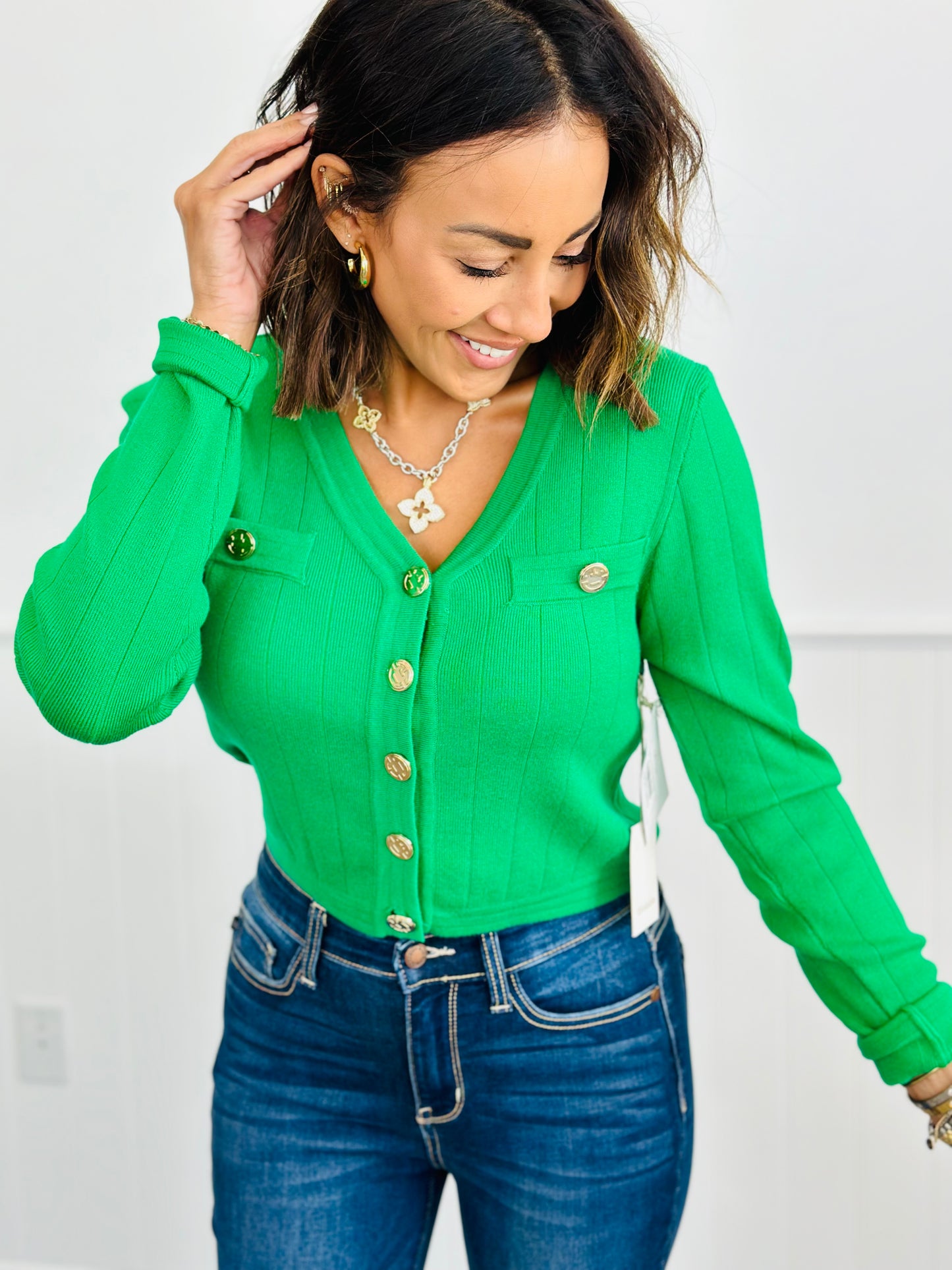 Green Welt Sweater Cardigan (Reg)