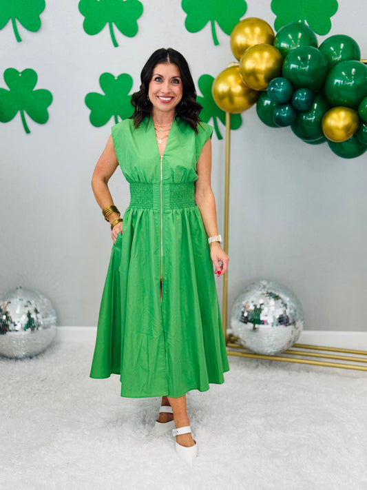 Green V-Neck Smocked Waist Sleeveless Midi Dress (Reg & Plus)