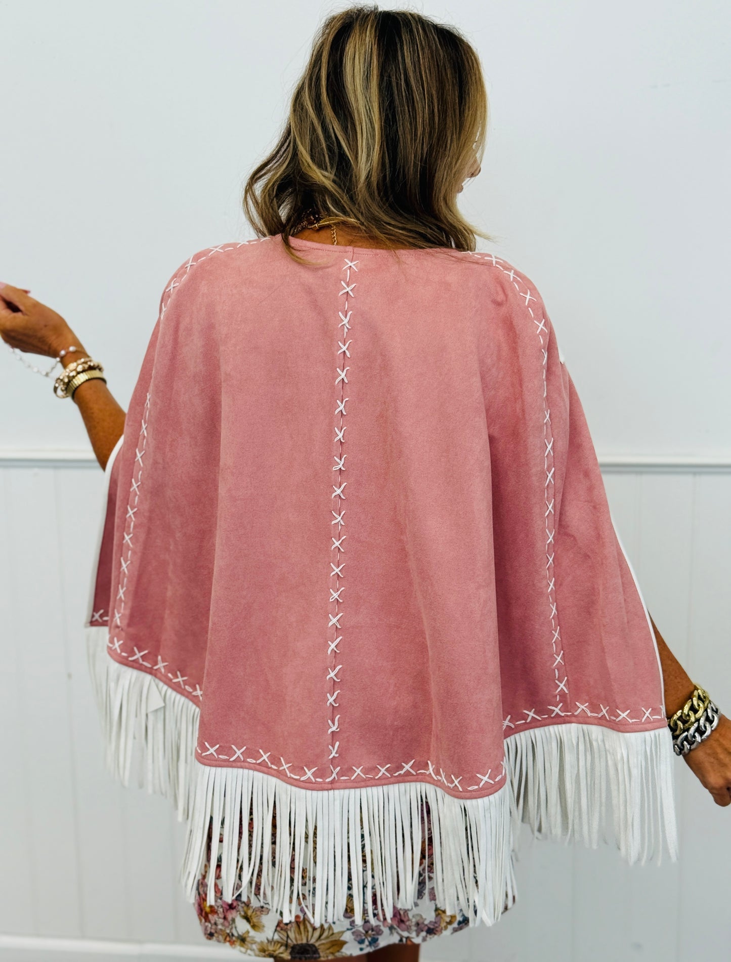 Pink Fringe Detail Open Cape Jacket (Reg.)