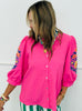 Pink Floral Embroidered Sleeves Button Up Blouse (Reg.)