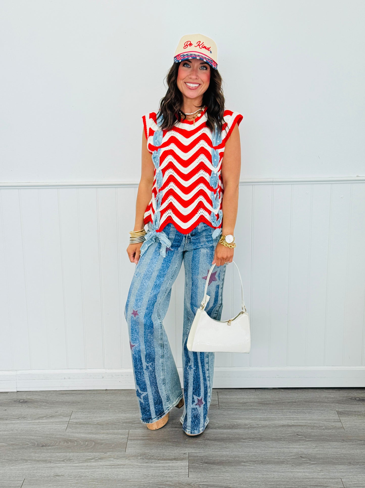 Denim Ribbon Insert Crochet Sweater Vest Top (Reg.)