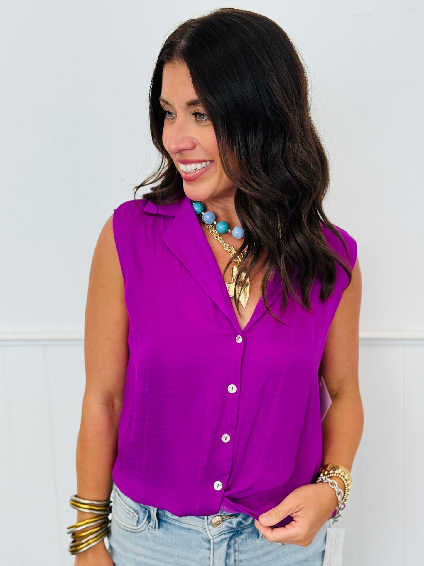 Knotted Collared Sleeveless Top (Reg.)-5 Colors