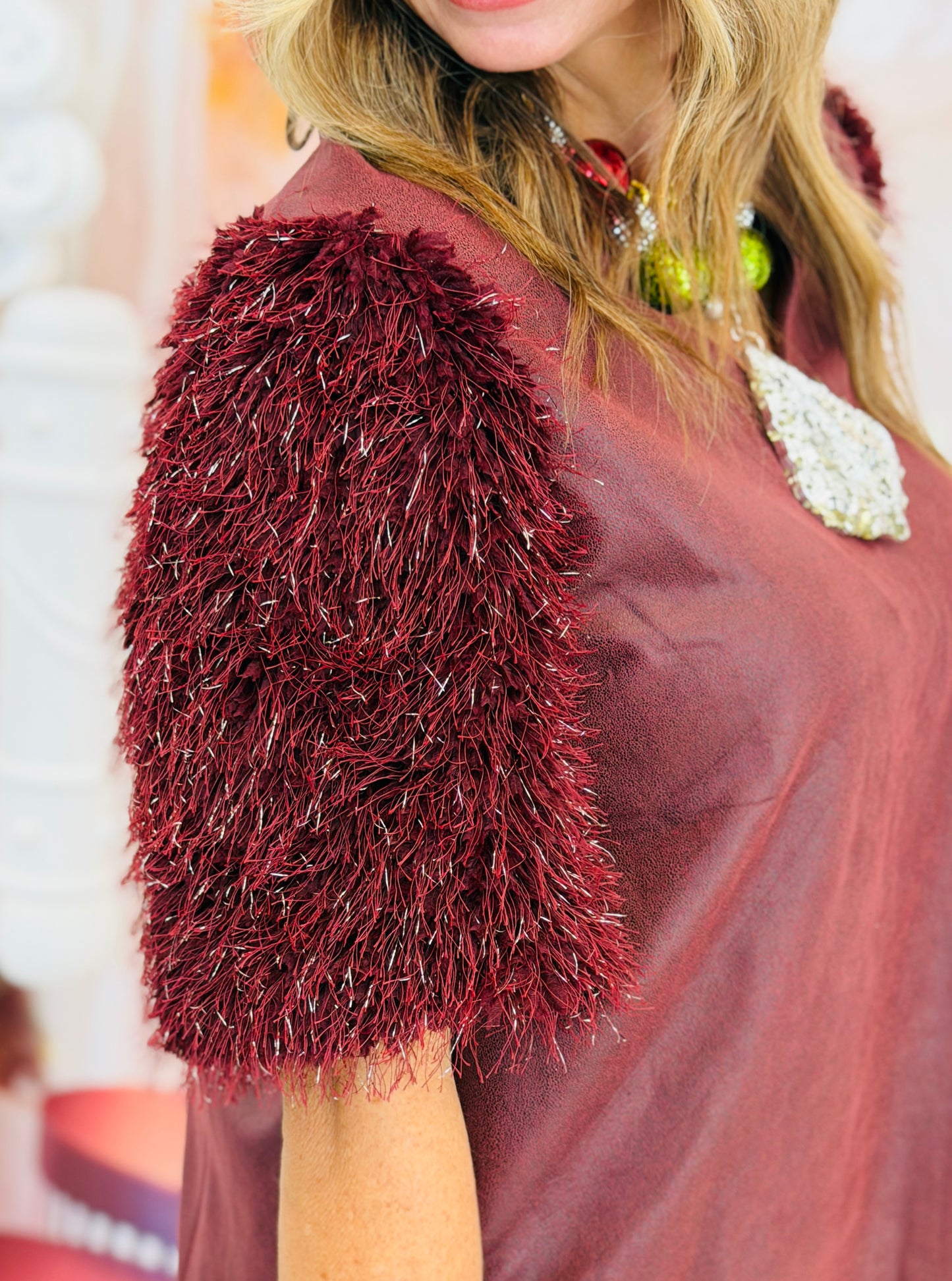 Burgundy Faux Leather Feather Fringe Blouse (Reg.)