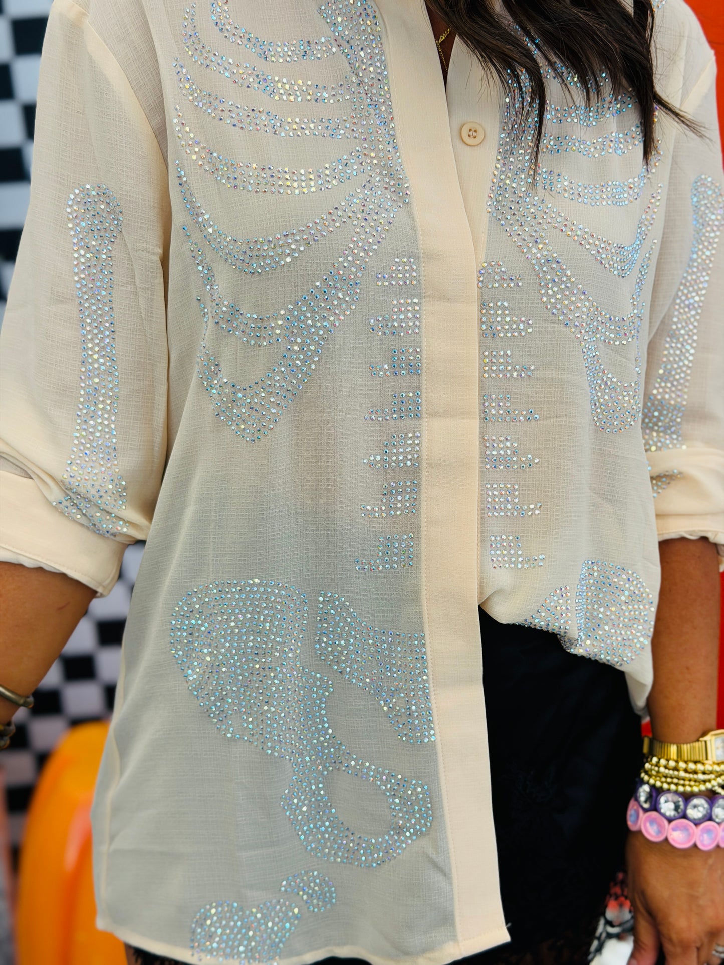 Queen Of Sparkles Beige Silk Rhinestone Skeleton Top (Reg. and Plus)