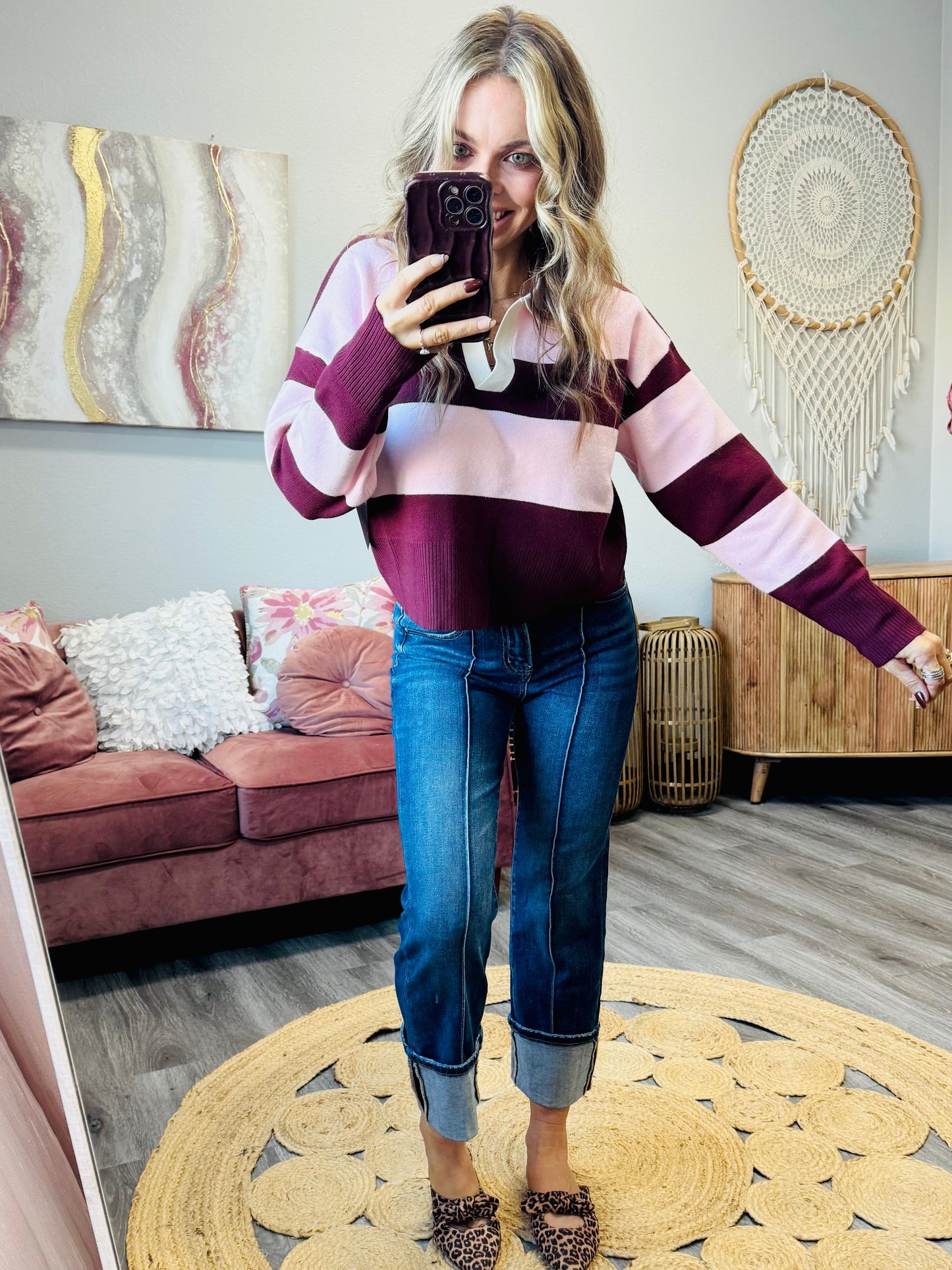 Burgundy/Pink Striped Polo Sweater Top (Reg.)