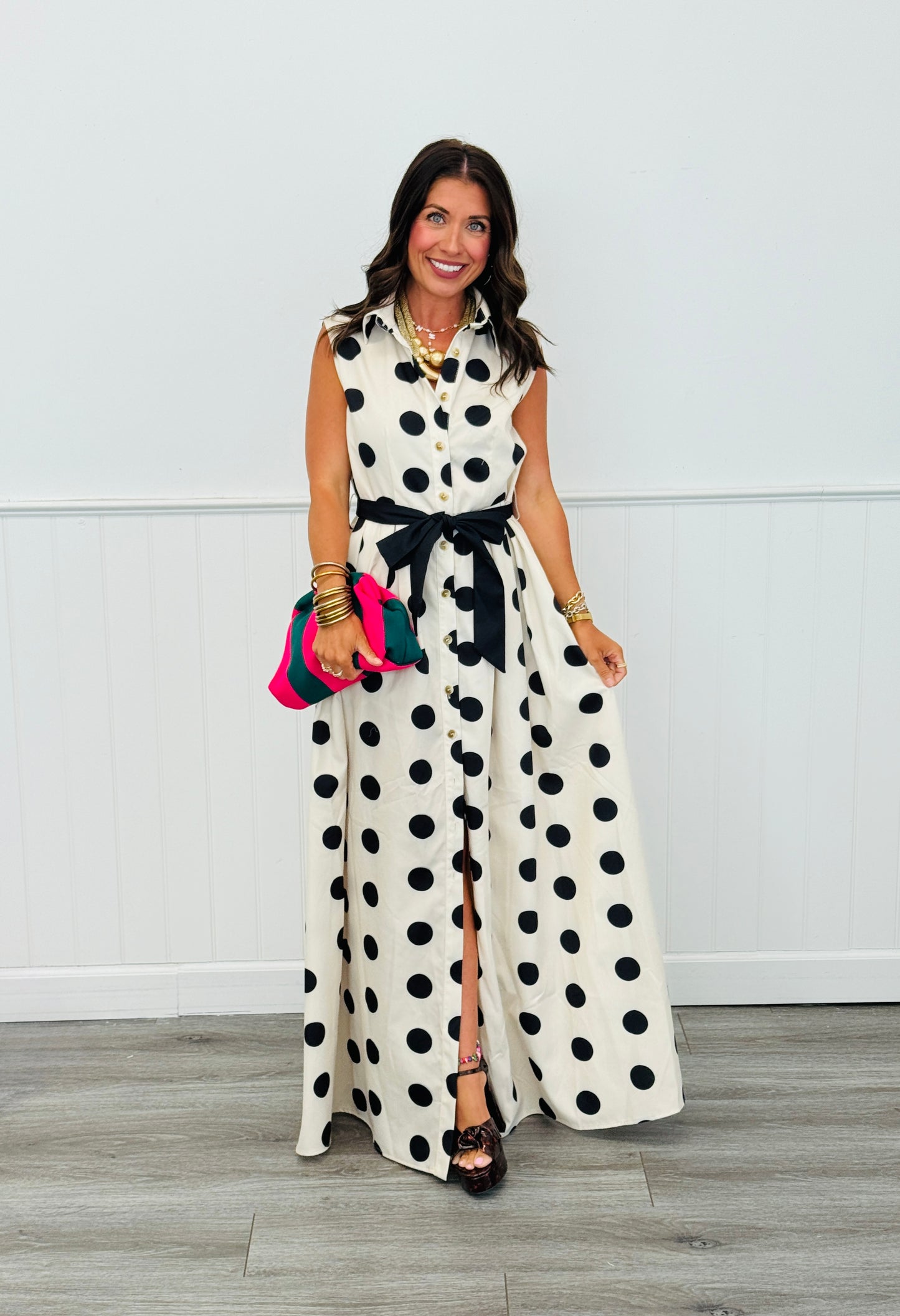 Cream Polka Dot Button Down Maxi Dress (Reg. and Plus)