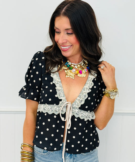 Polka Dot Lace Trim Self Tie Blouse (Reg.)