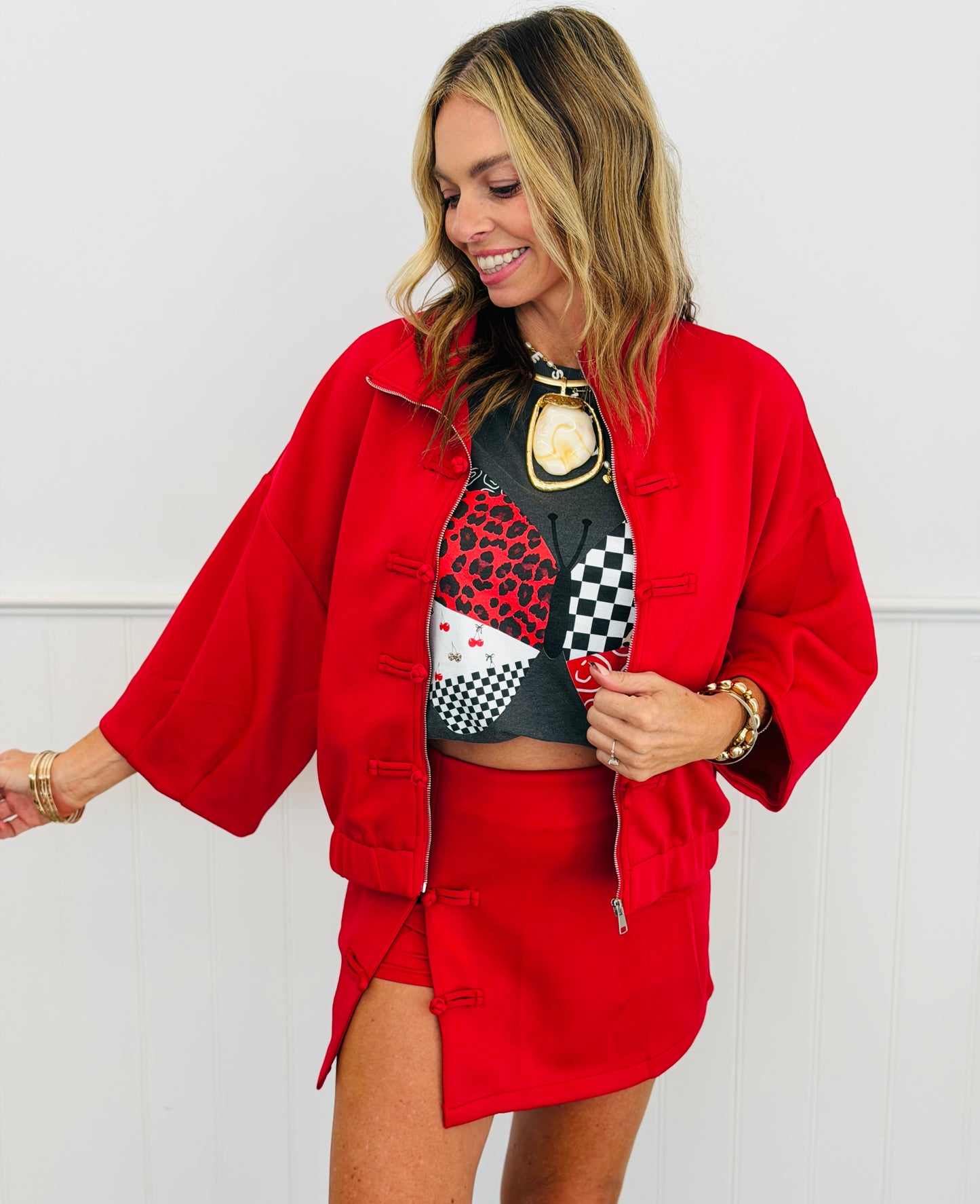Red Zip Up Jacket & Mini Skort Set (Reg.)
