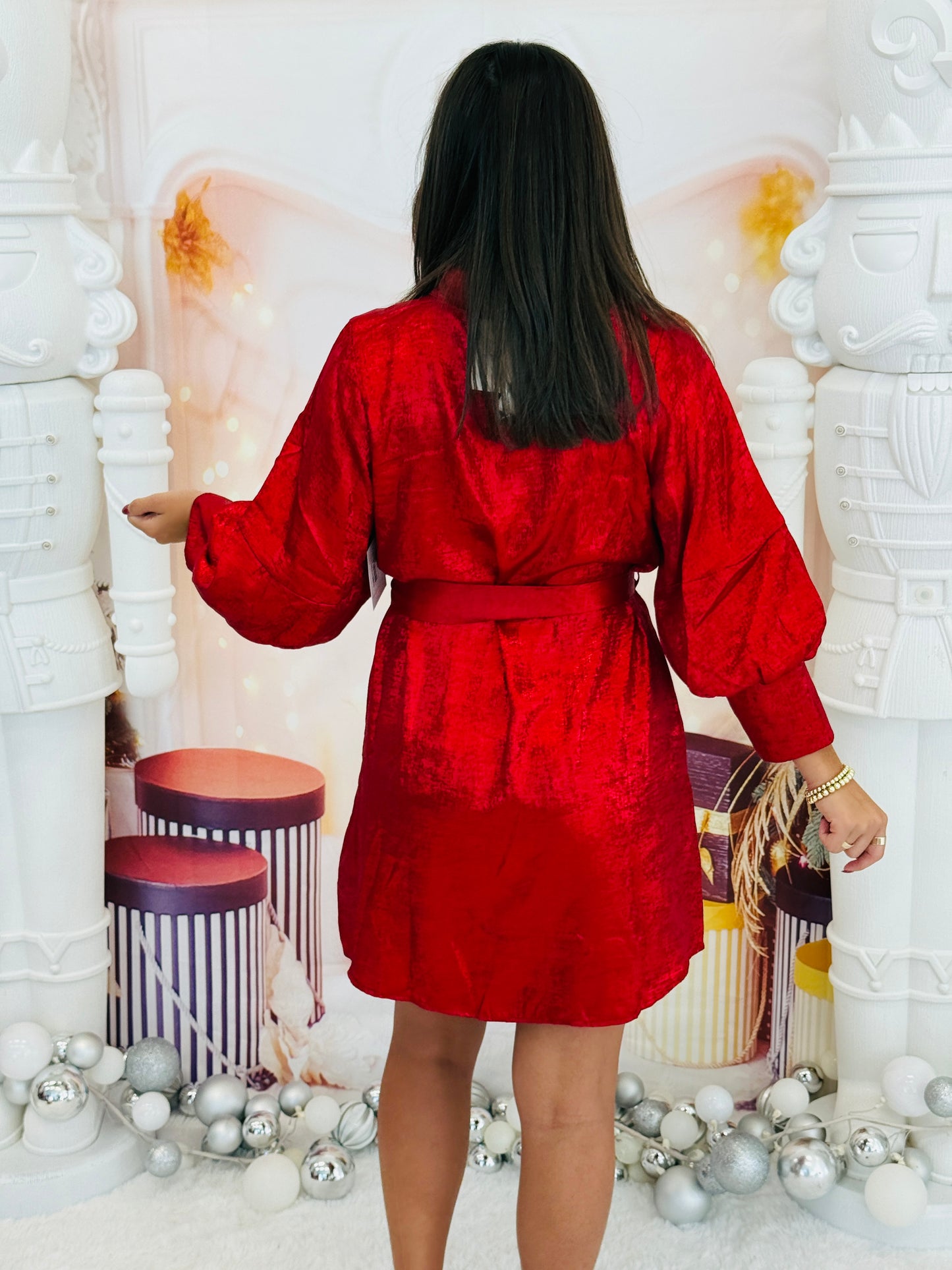 Red Metallic Waist Tie Mini Shirt Dress (Reg.)