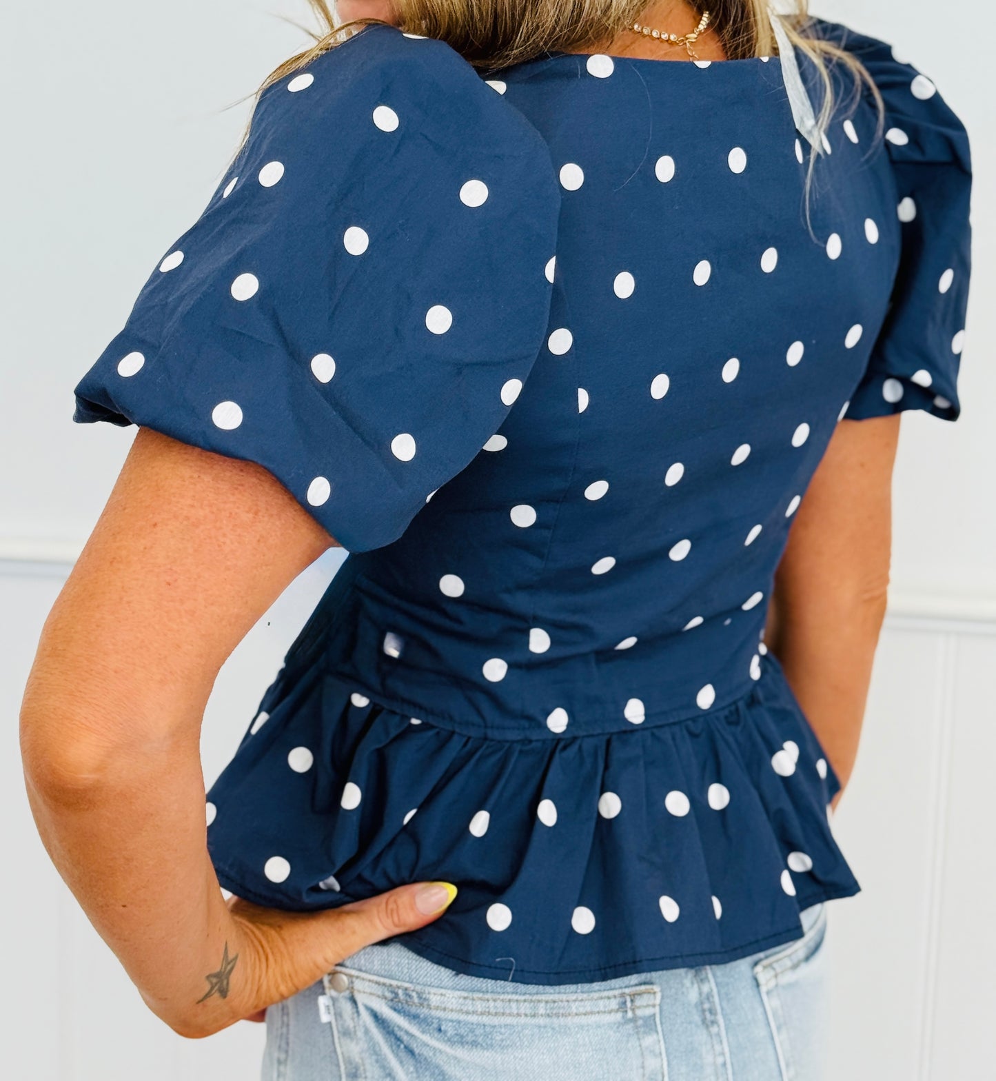 Navy Polka Dot Bubble Sleeve Blouse (Reg.)