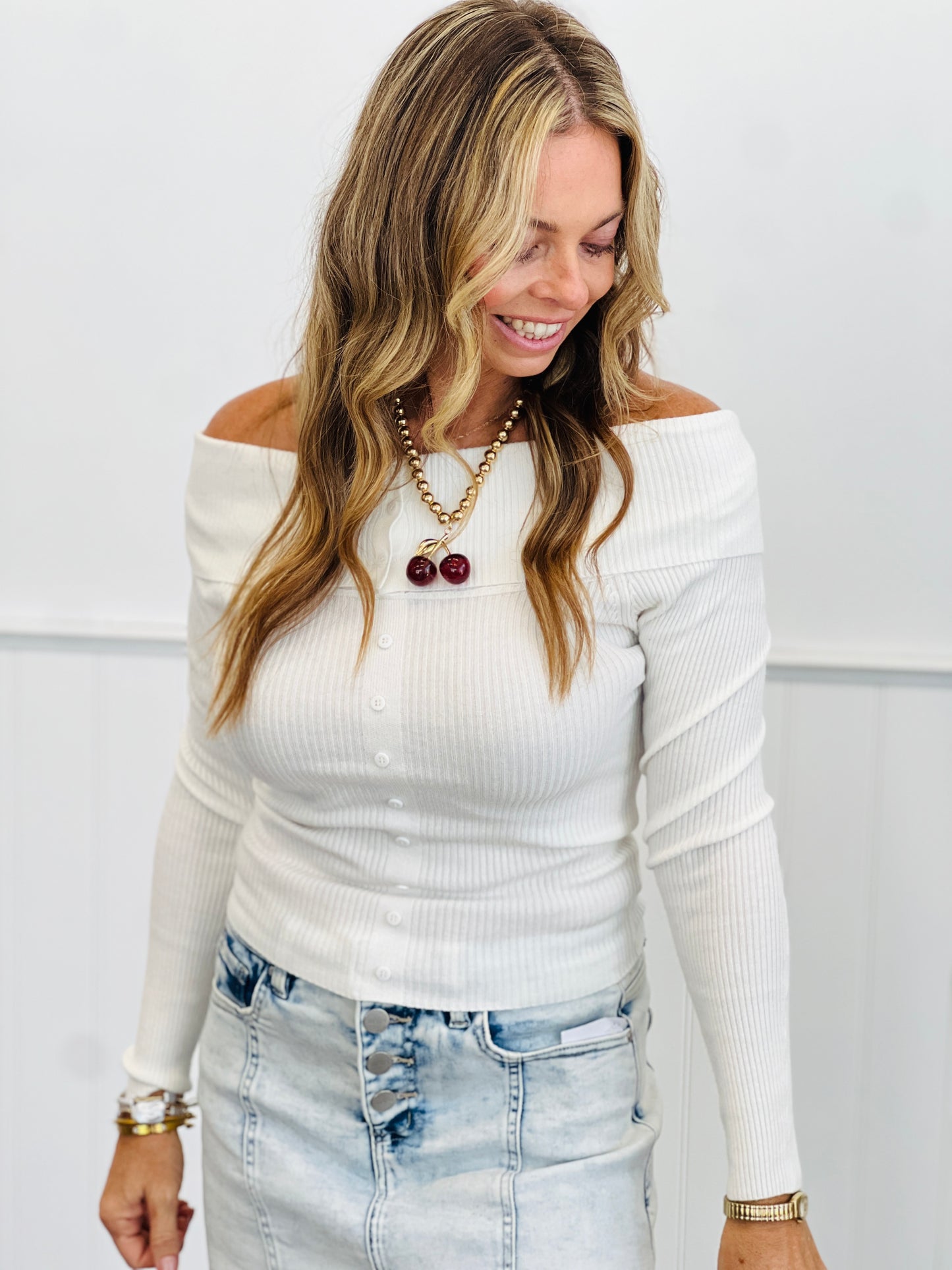 Off Shoulder Ribbed Cardigan Top (Reg.)-2 Colors