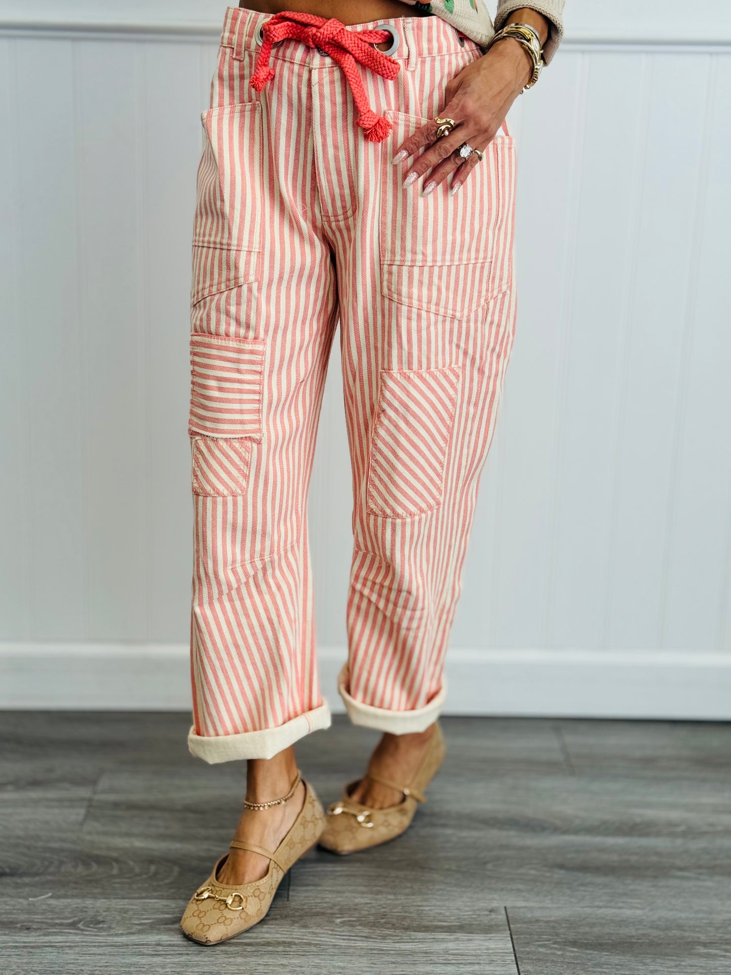 Coral Peach Striped Twill Barrel Pants (Reg & Plus)