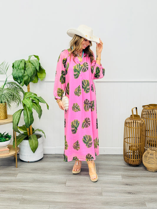 Pink Leaf Print Balloon Sleeve Maxi Dress (Reg.)