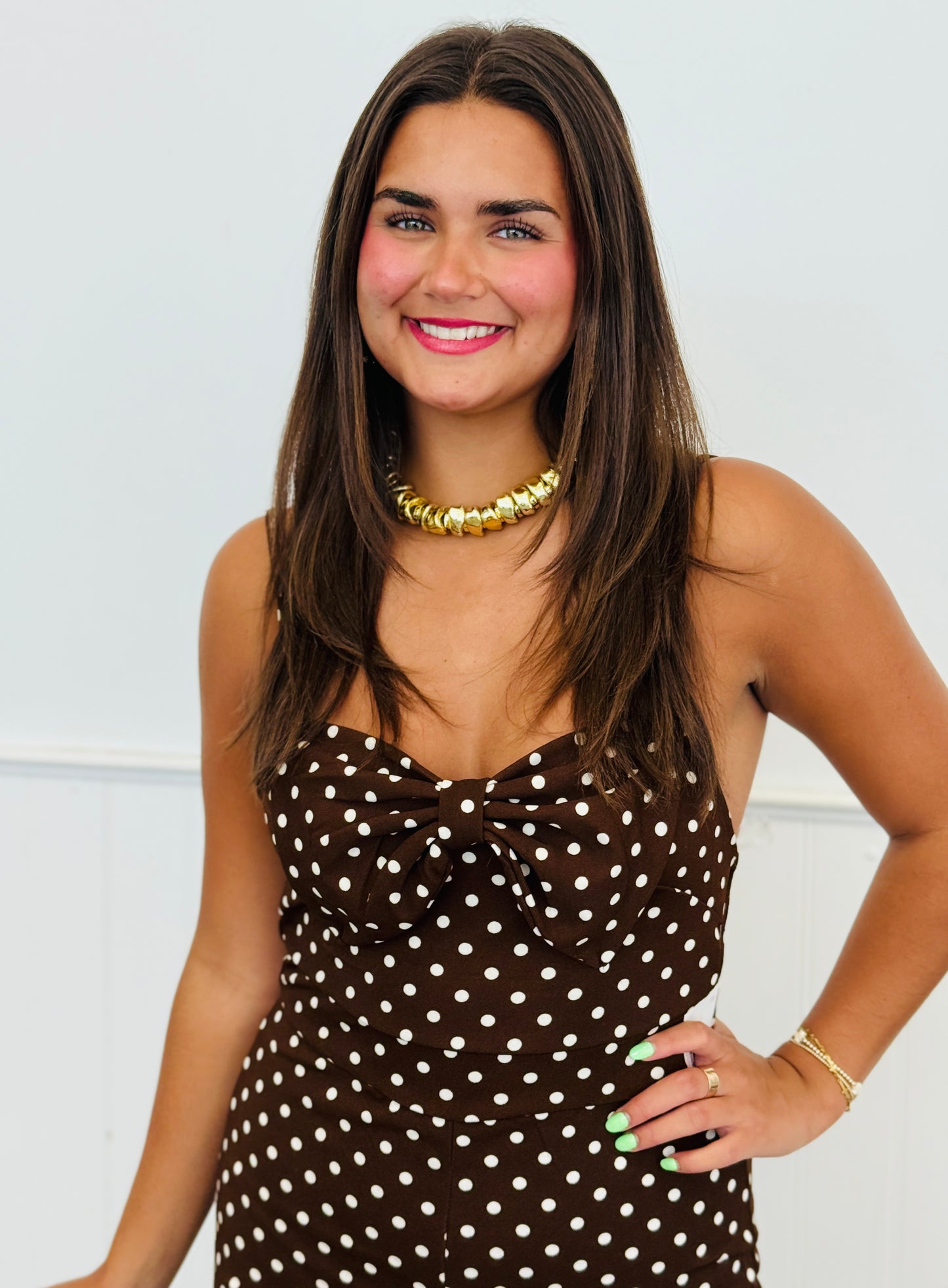 Chocolate/White Polka Dot Bow Detail Jumpsuit (Reg.)