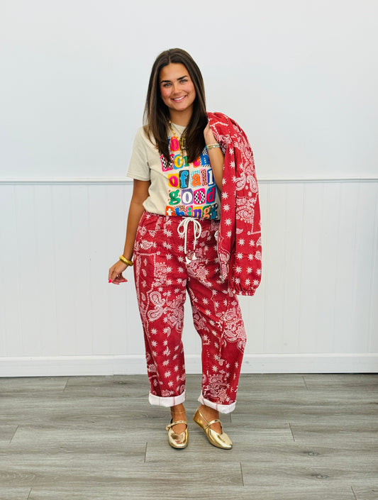 Red Bandana Print Drawstring Barrel Pants (Reg.)