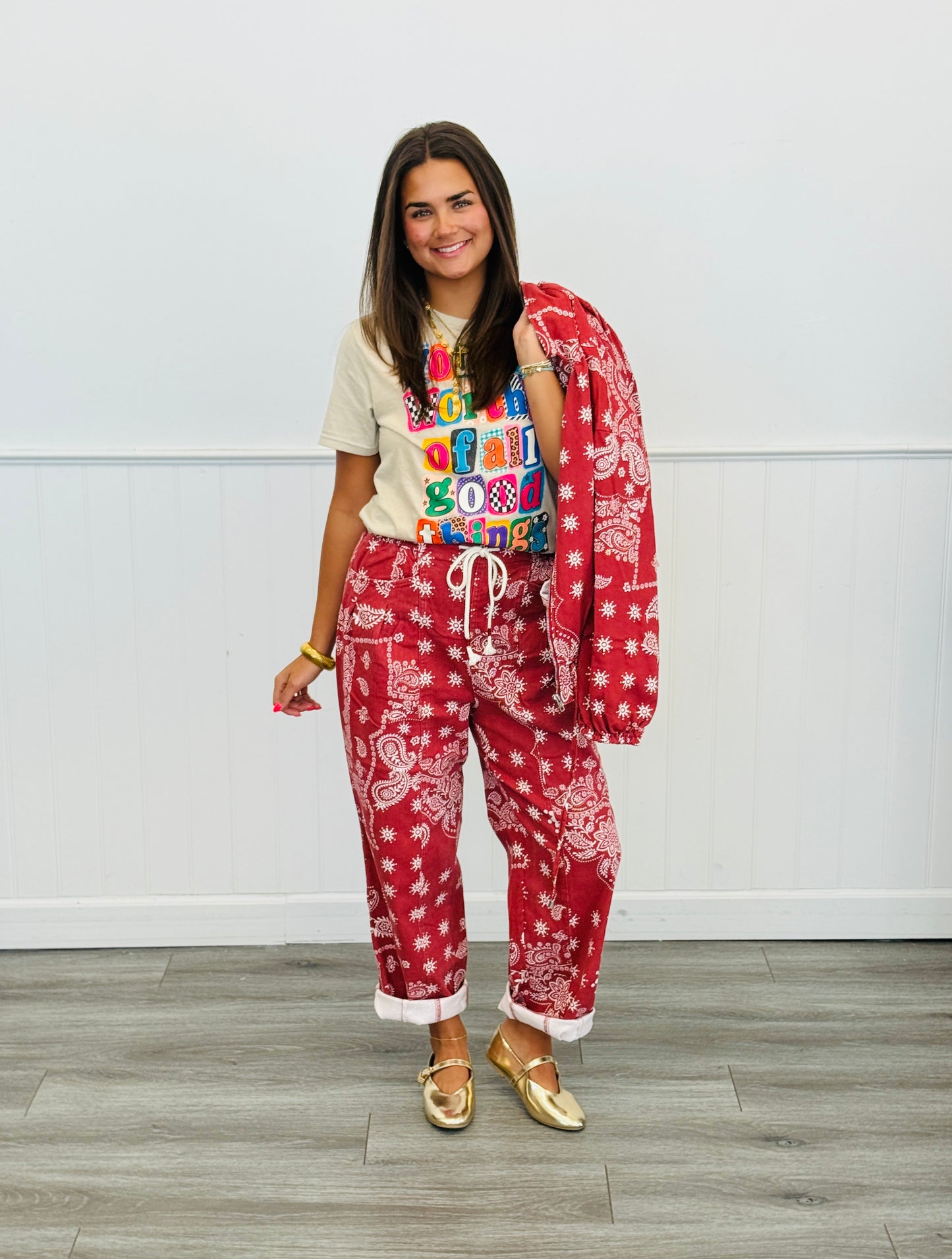 Red Bandana Print Drawstring Barrel Pants (Reg.)