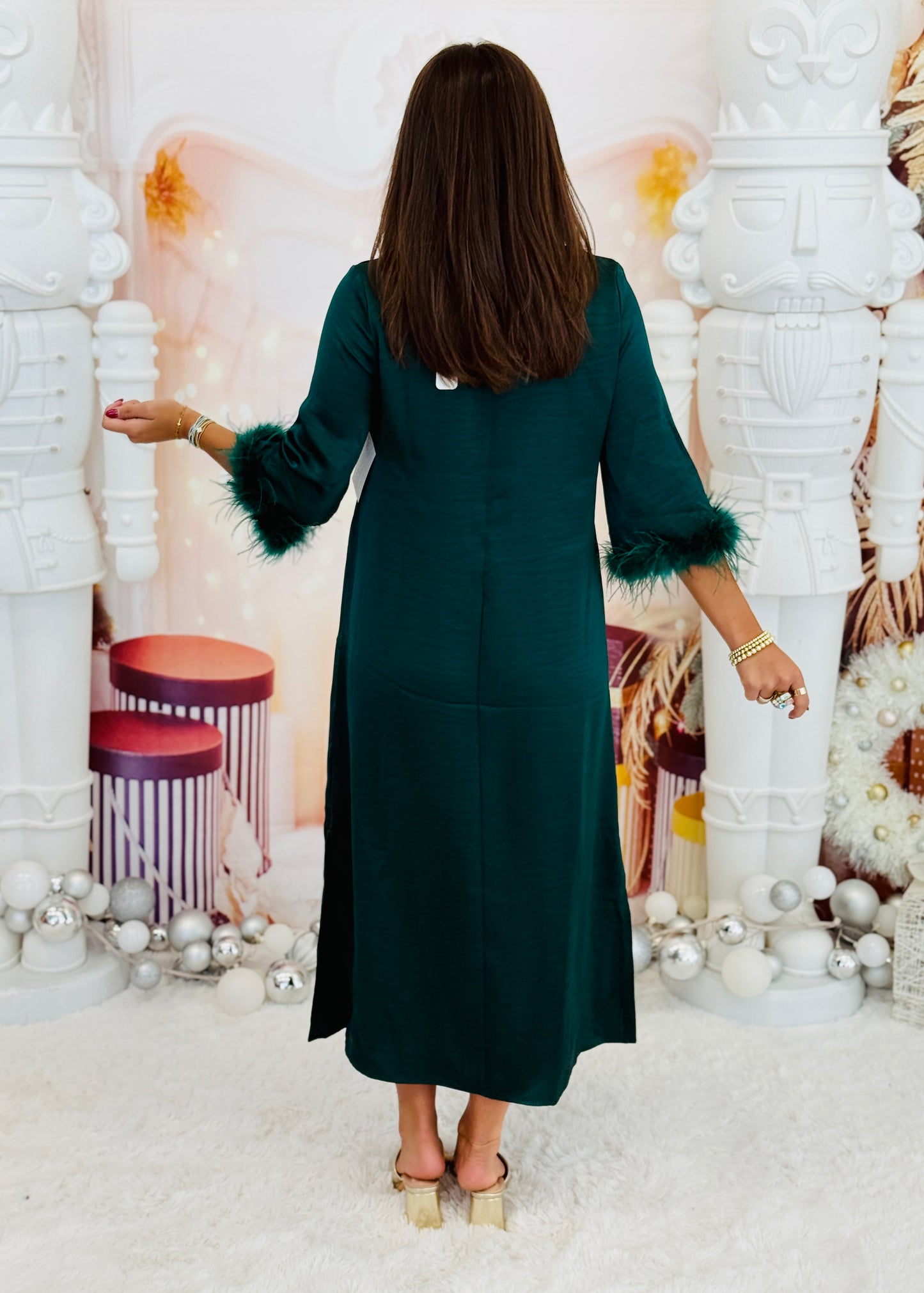 Hunter Green Satin Fur Trim Midi Dress (Reg.)