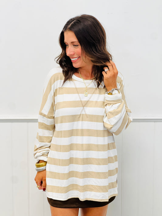 Taupe/Ivory Striped Long Sleeve Top (Reg.)