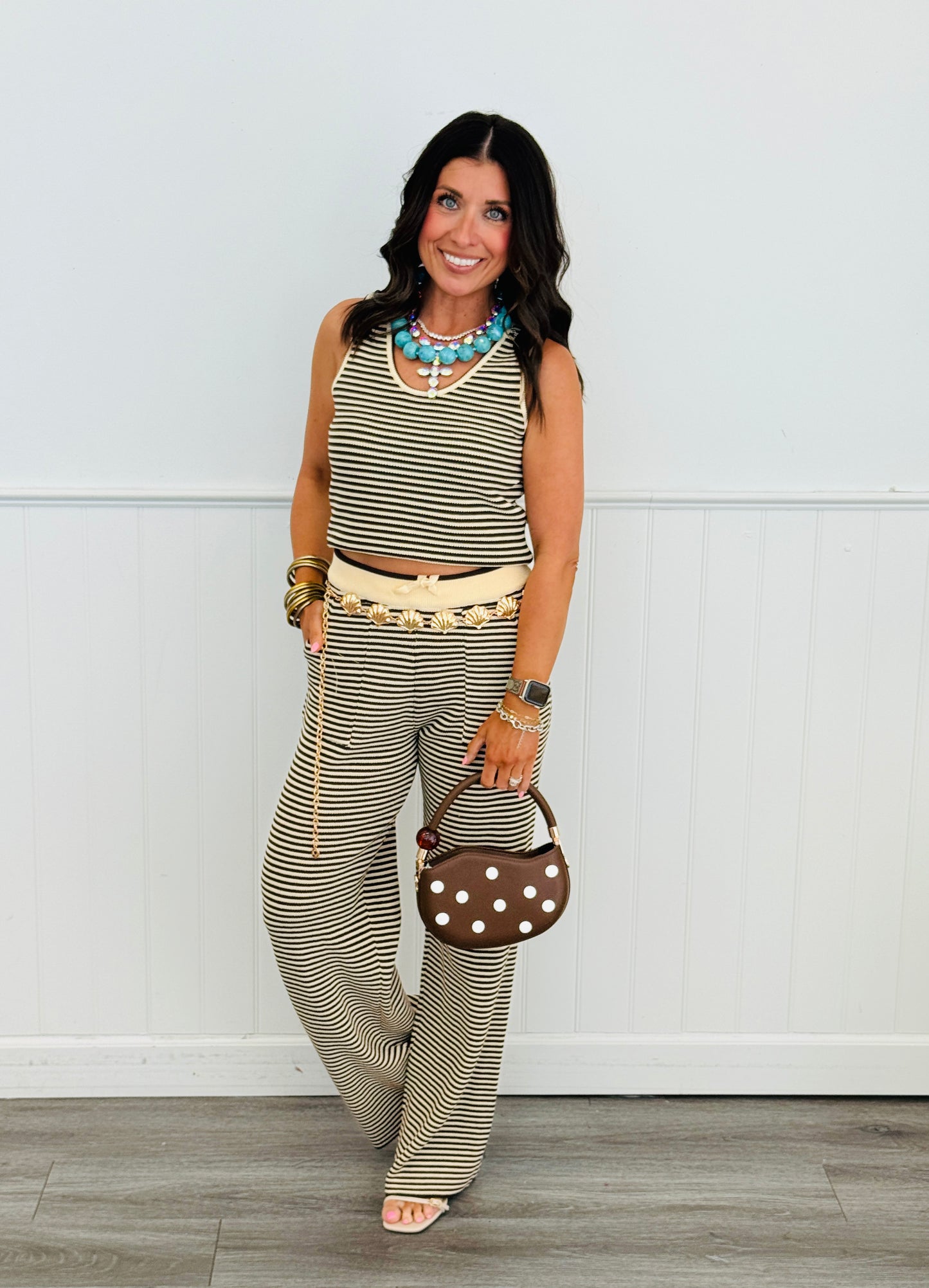 Mocha Striped Tank Top and Pant Set (Reg & Plus)