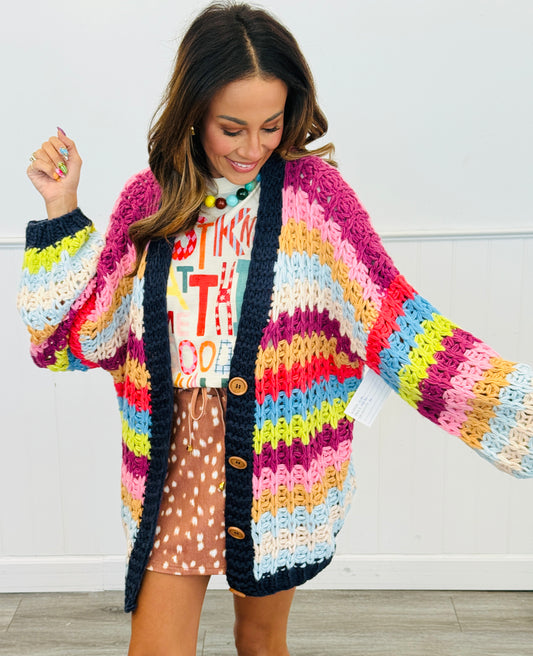 Navy Multi Stripe Chunky Knit Cardigan (Reg & Plus)