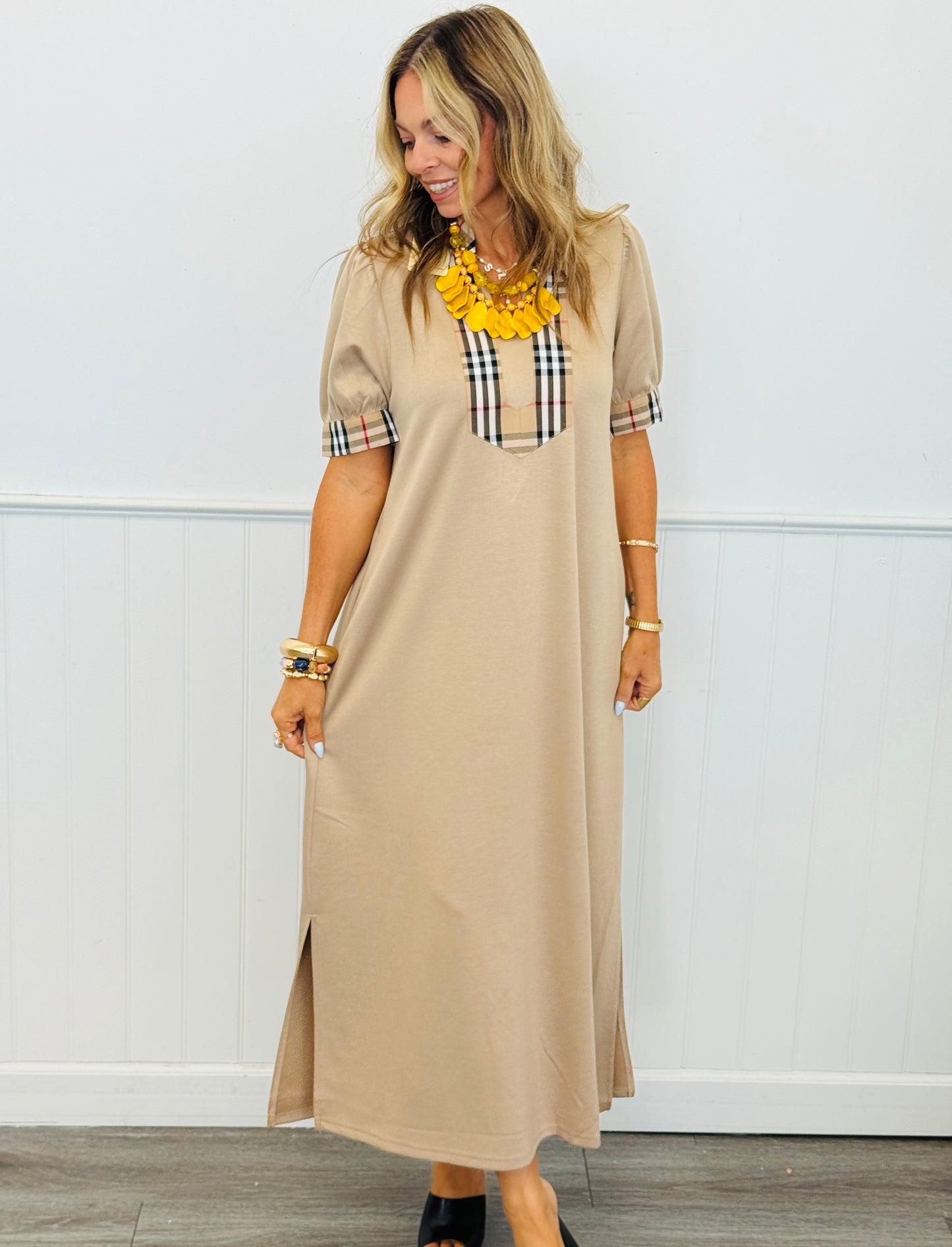 Taupe Contrast Check Plaid Midi Dress (Reg.)