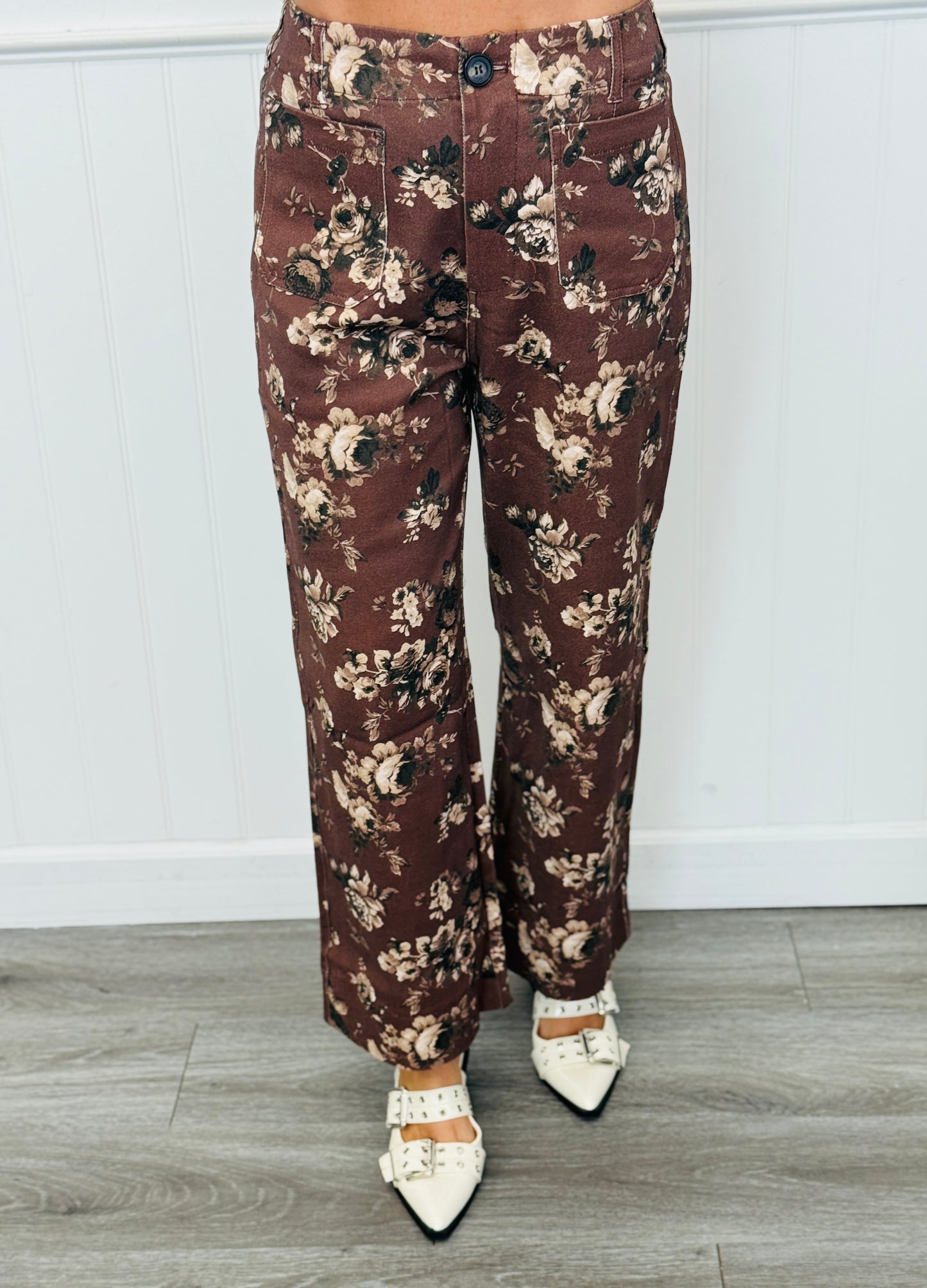 Brown Floral Print Wide Leg Crop Pants (Reg.)
