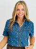 Denim Blue Pearl Studded Button Up Top (Reg. and Plus)
