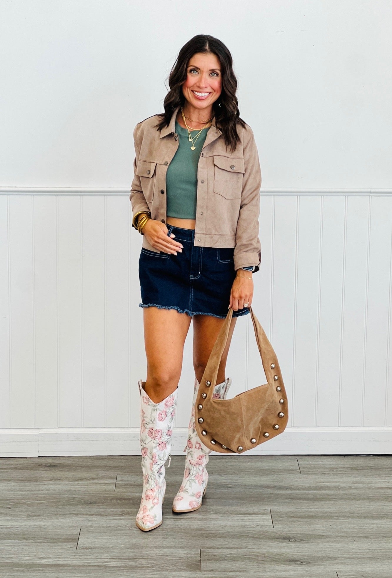 Grey Green Fitted Puff Shoulder Top (Reg.)