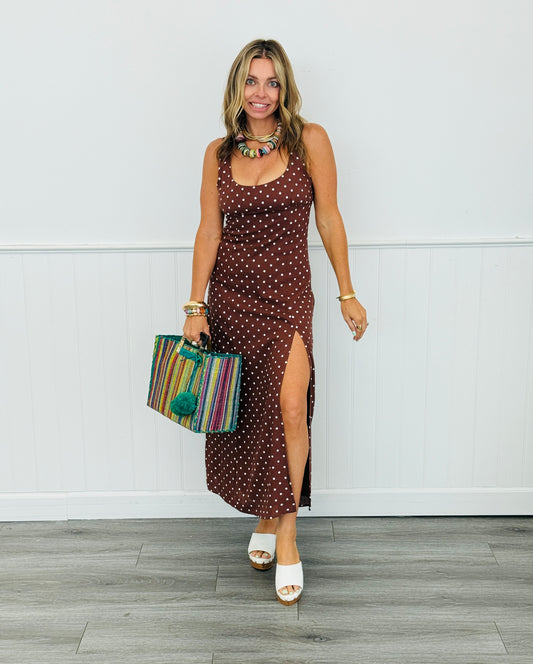 Chestnut Polka Dot  Side Slit Midi Dress (Reg.)