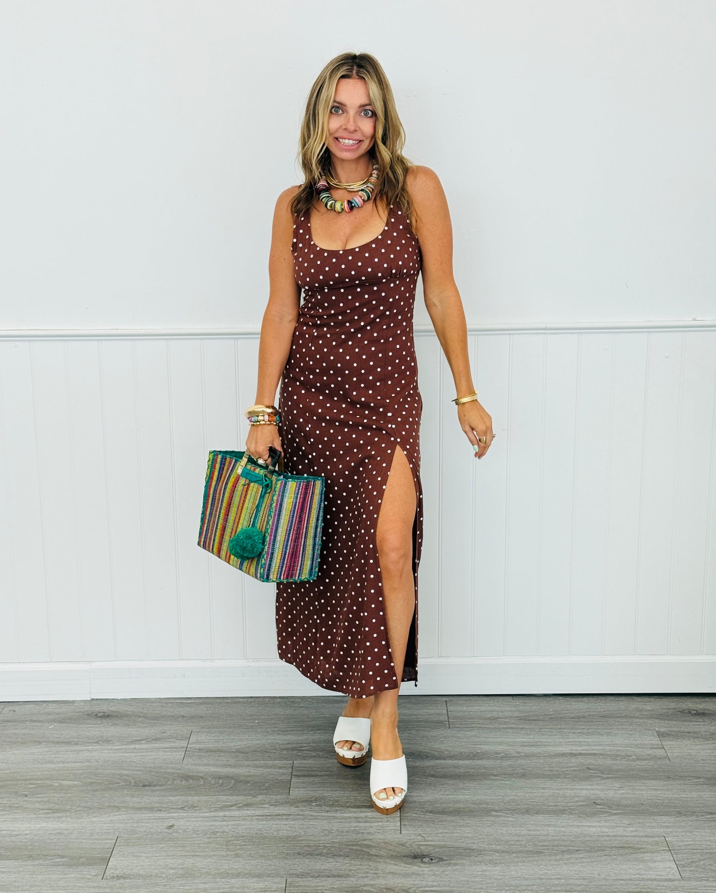 Chestnut Polka Dot  Side Slit Midi Dress (Reg.)