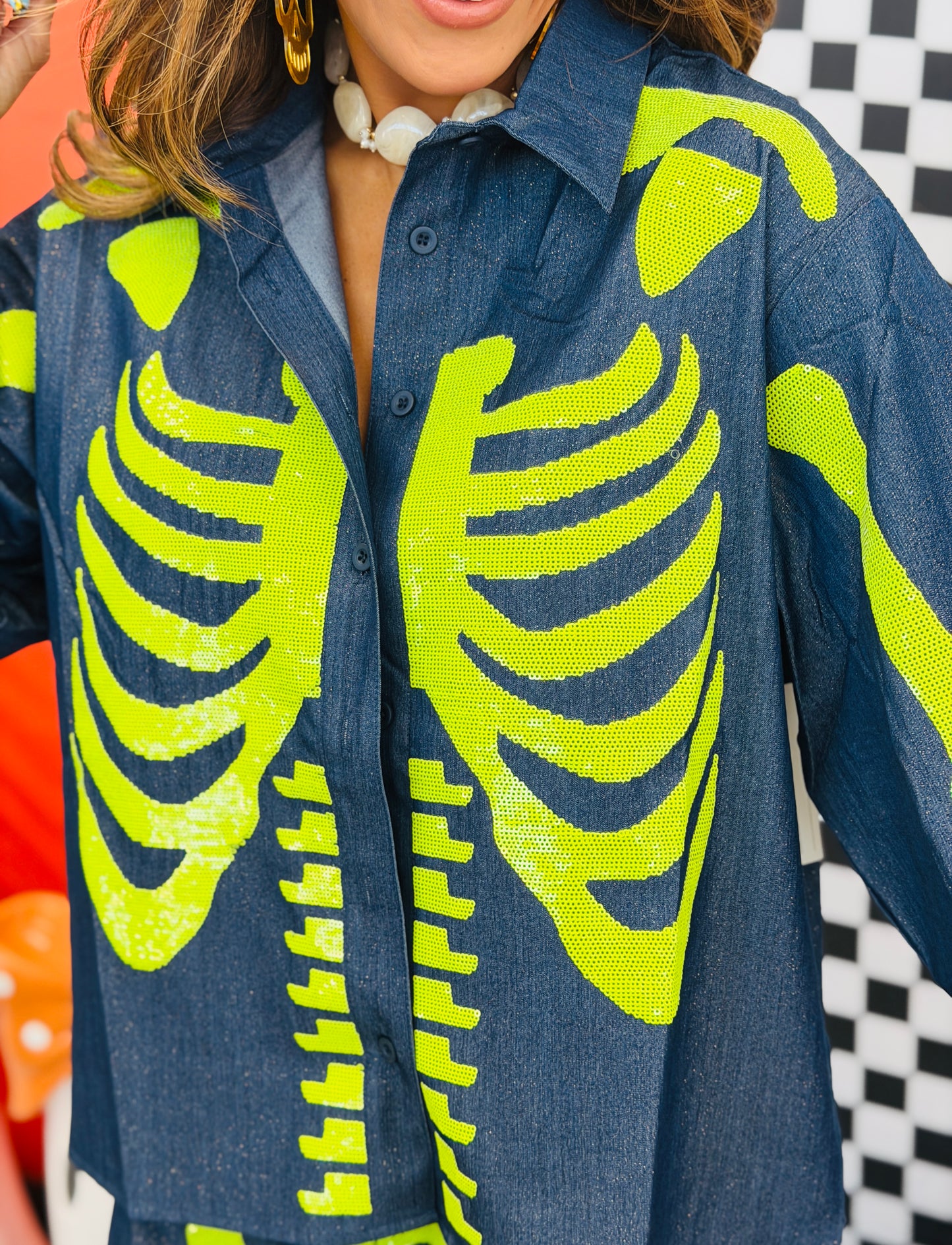 Queen Of Sparkles Dark Denim & Neon Green Skeleton Button Up Top (Reg. and Plus)