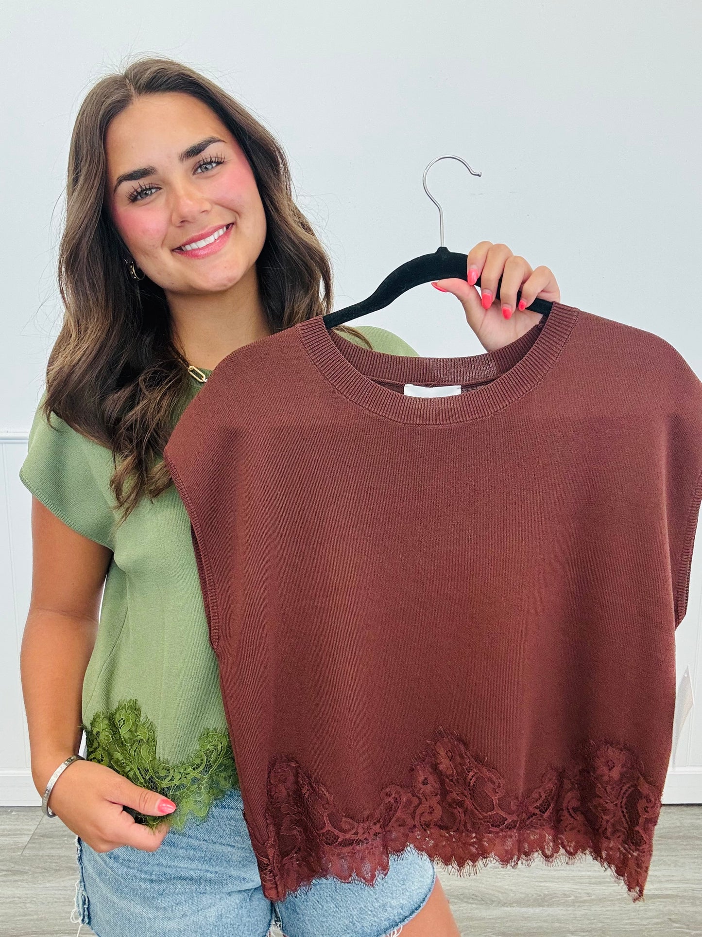 Sweater Knit Lace Hem Top (Reg.) -3 Colors