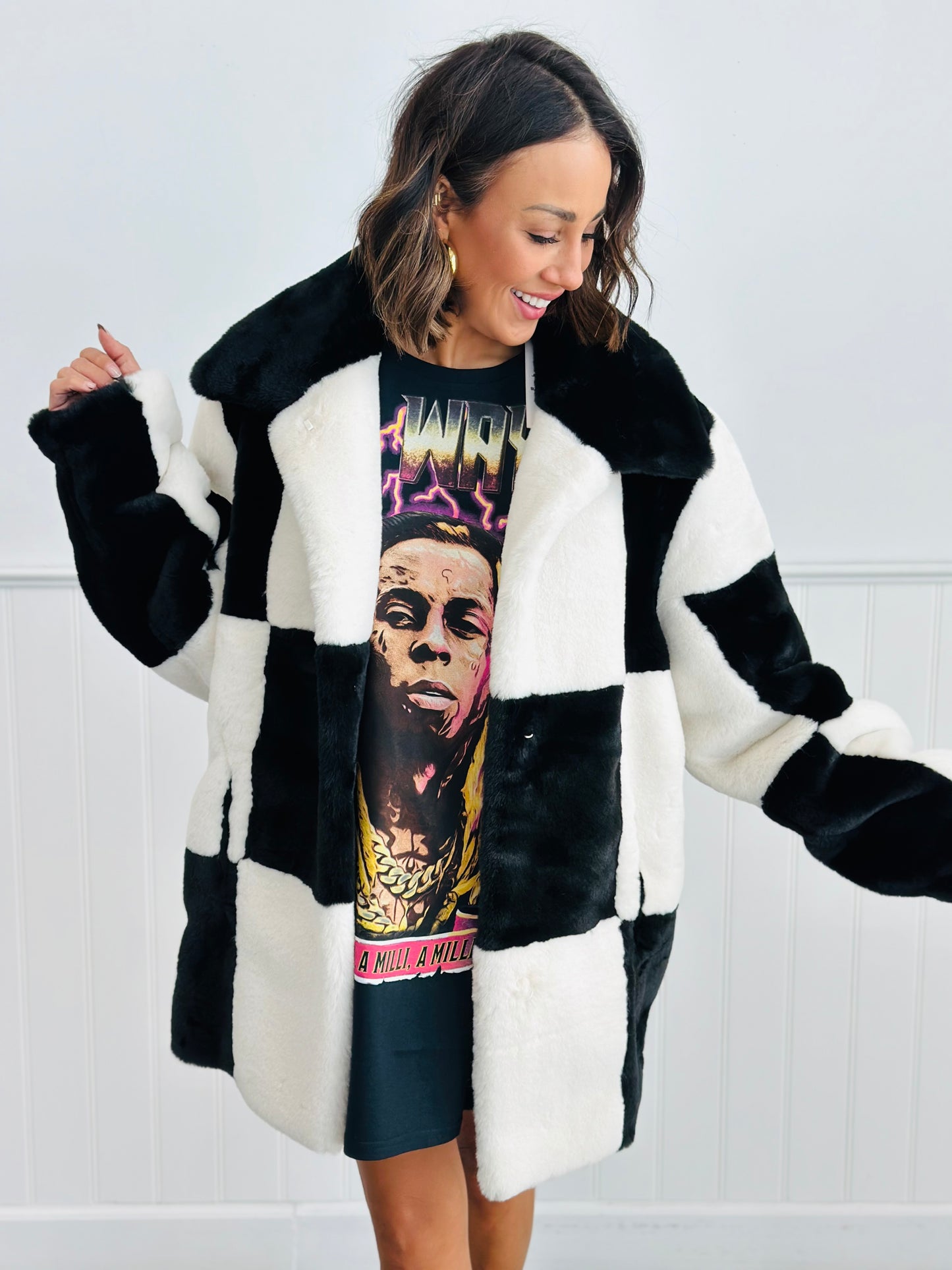 Black/White Faux Fur Checkered Coat (Reg. & Plus) Walker Rose Boutique