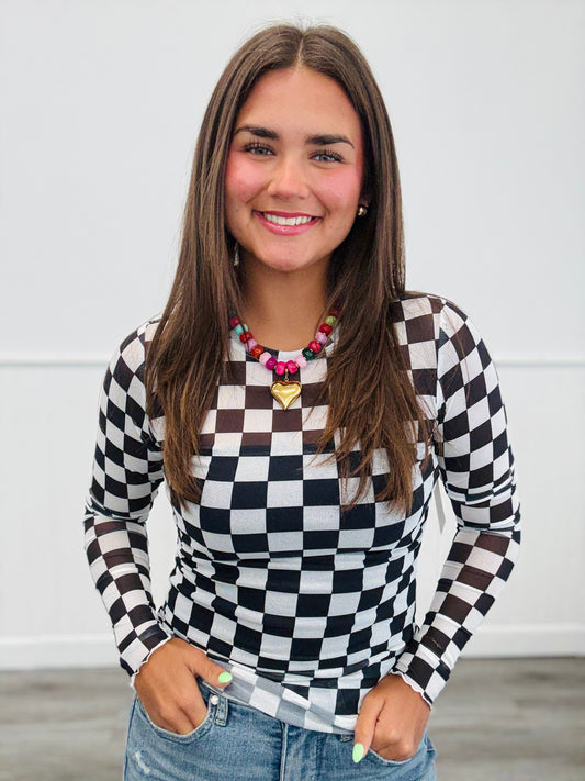 Black Checkered Alyssa Mesh Top (Reg. and Plus)