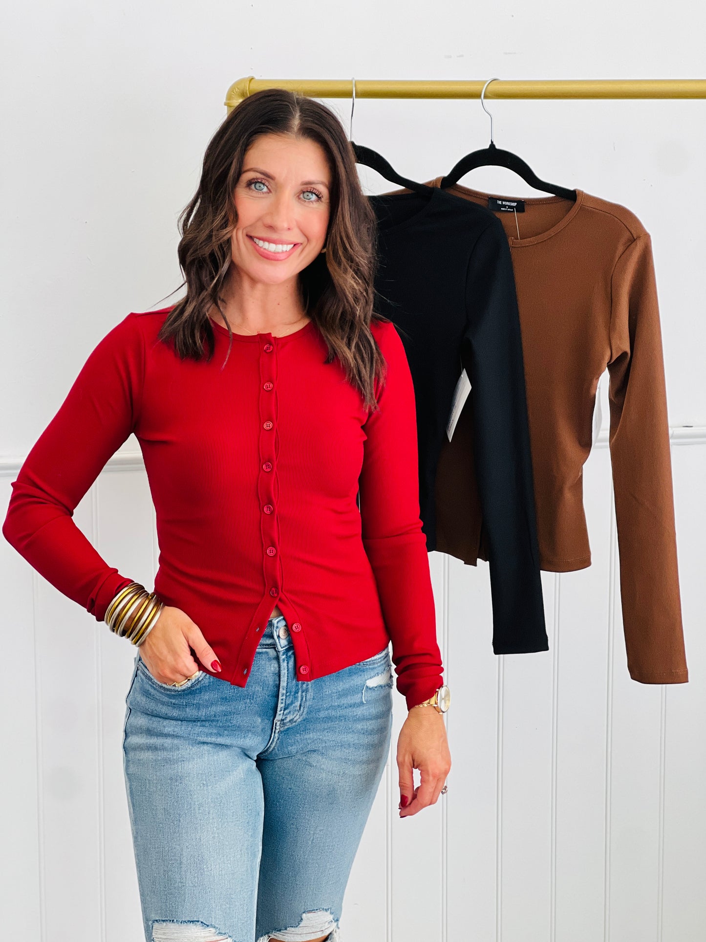 Split Hem Button Down Knit Top (Reg.)-3 Colors