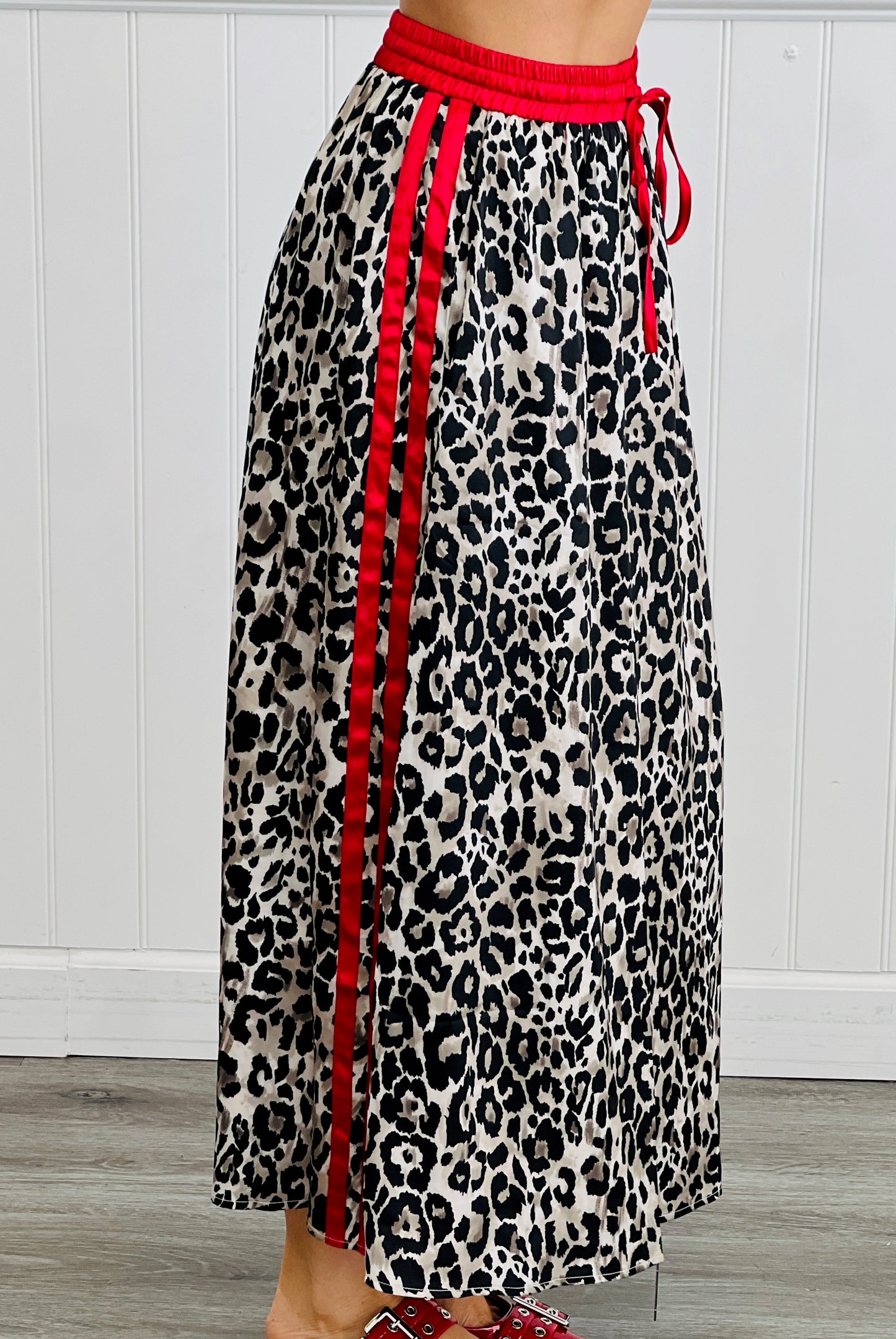 Satin Leopard Red Stripe Maxi Skirt (Reg & Plus)