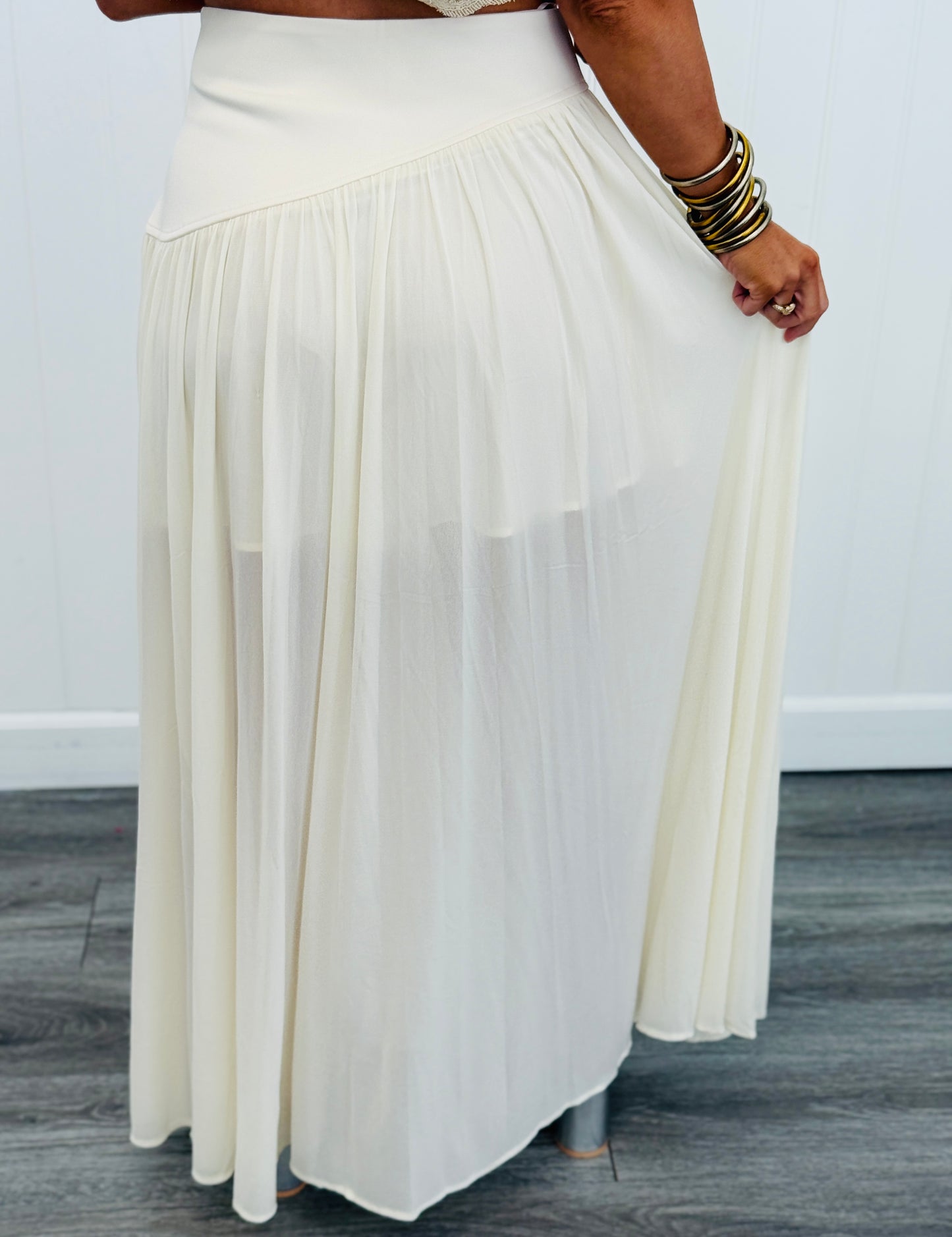 Beige Semi Sheer Overlay Top & Maxi Skirt Set (Reg.)