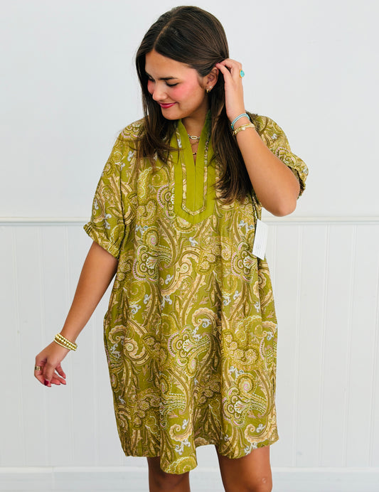 Sage Paisley Print Mini Shift Dress (Reg & Plus)